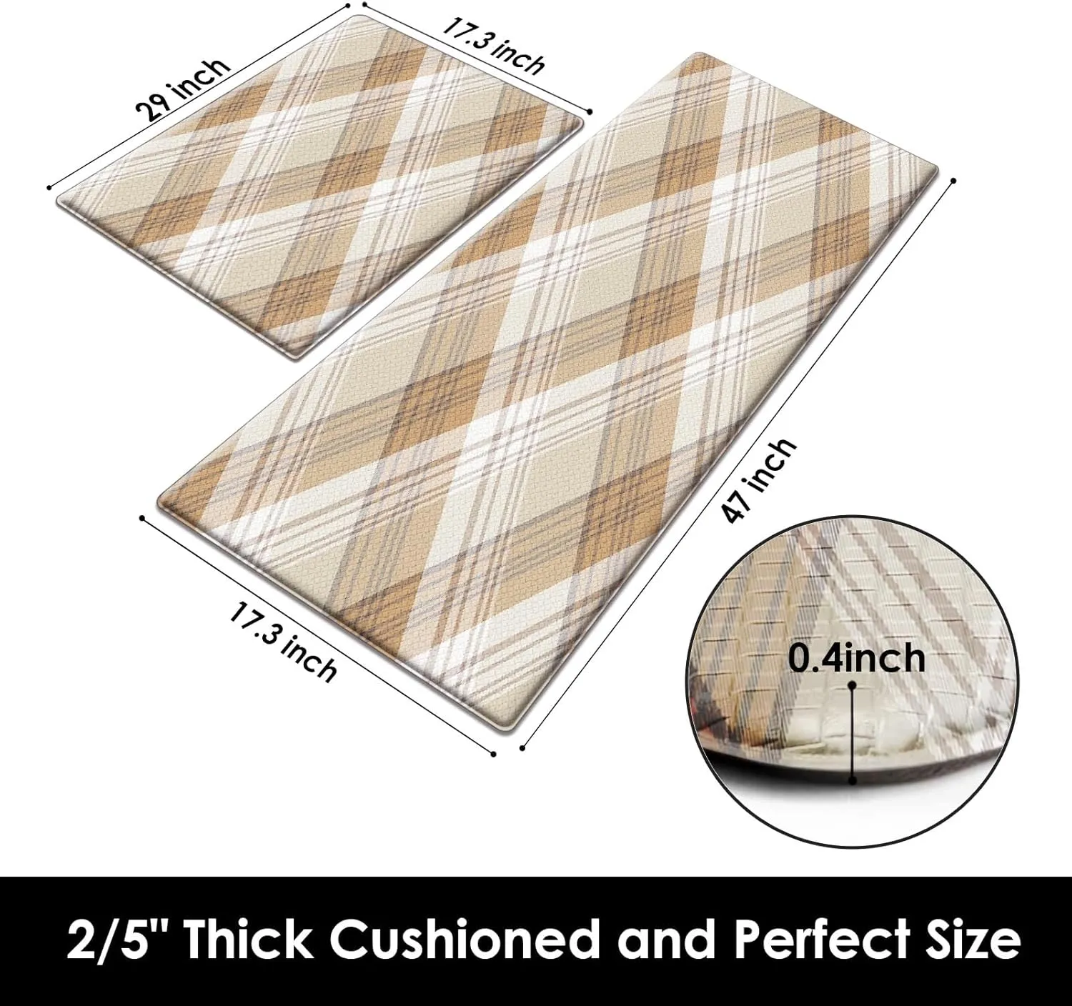 Arttown Beige Anti-Fatigue Kitchen Rug Set of 2 Plaid Cushioned Floor Standing Mat Waterproof Non-Slip Mat and PVC Ergonomic Comfort Foam Rug