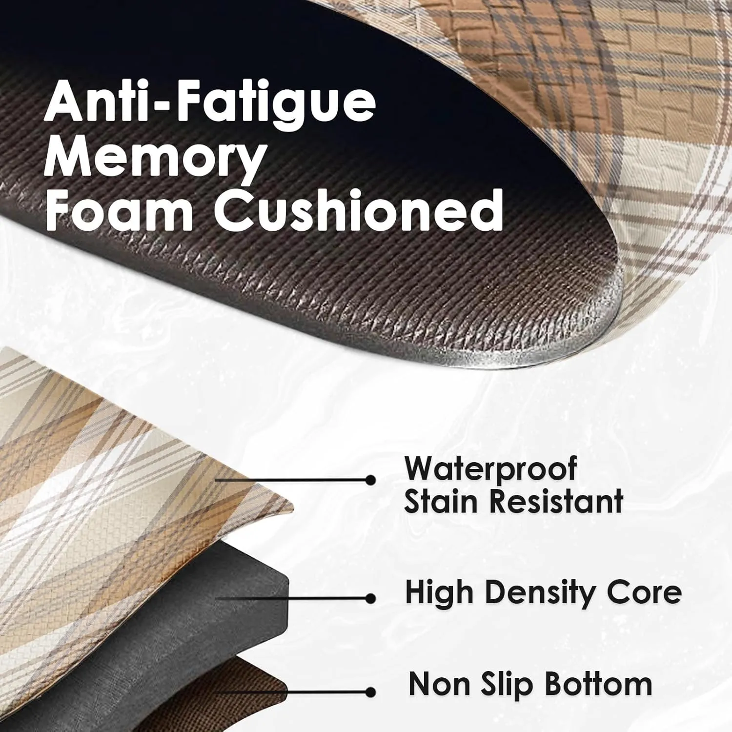 Arttown Beige Anti-Fatigue Kitchen Rug Set of 2 Plaid Cushioned Floor Standing Mat Waterproof Non-Slip Mat and PVC Ergonomic Comfort Foam Rug
