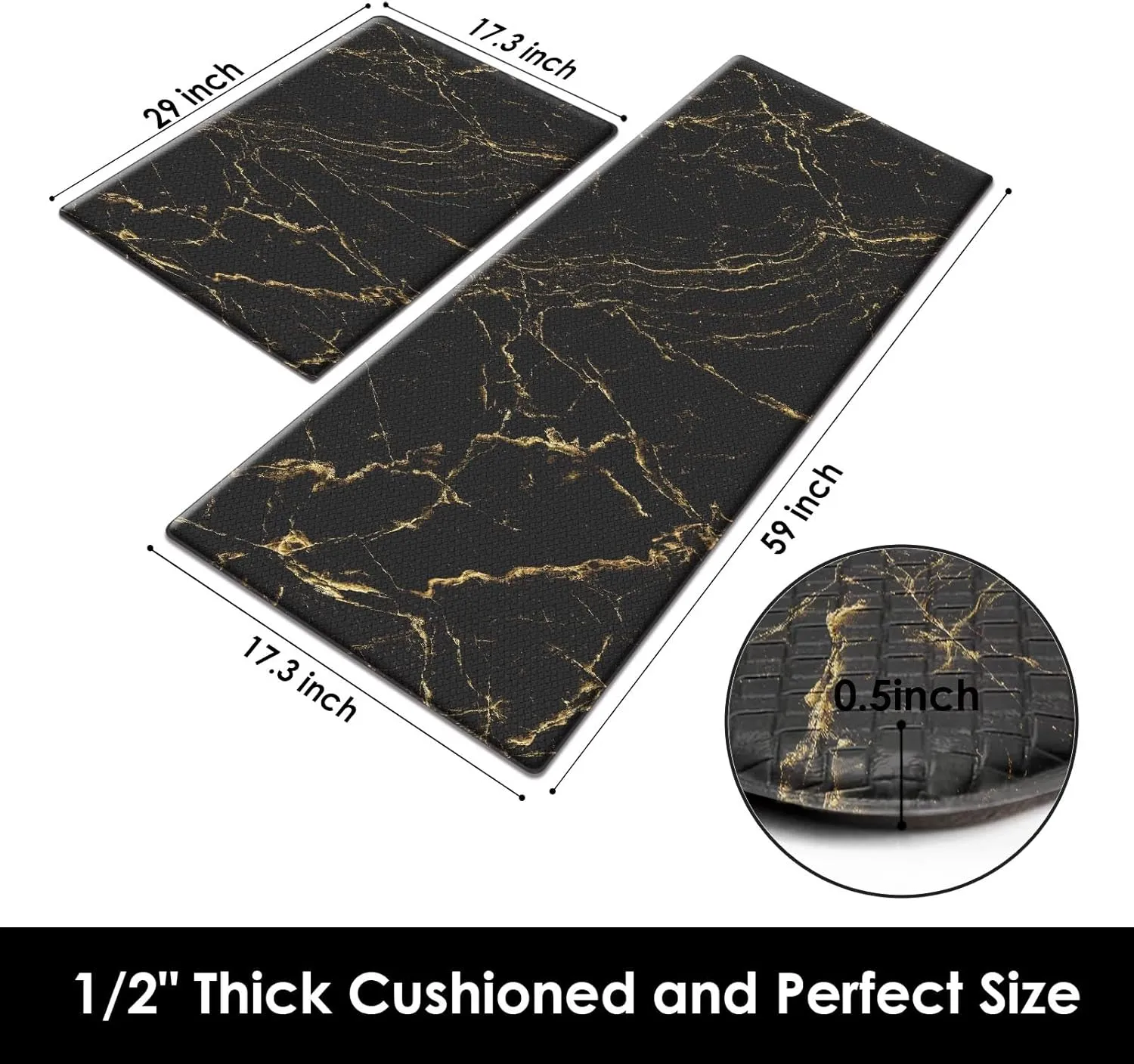Arttown Marble Anti-Fatigue Kitchen Rug Set of 2 Black Gold Abstract Modern Cushioned Floor Mat, Standing Waterproof Non-Slip Kitchen Mat and PVC Ergonomic Comfort Foam Rug