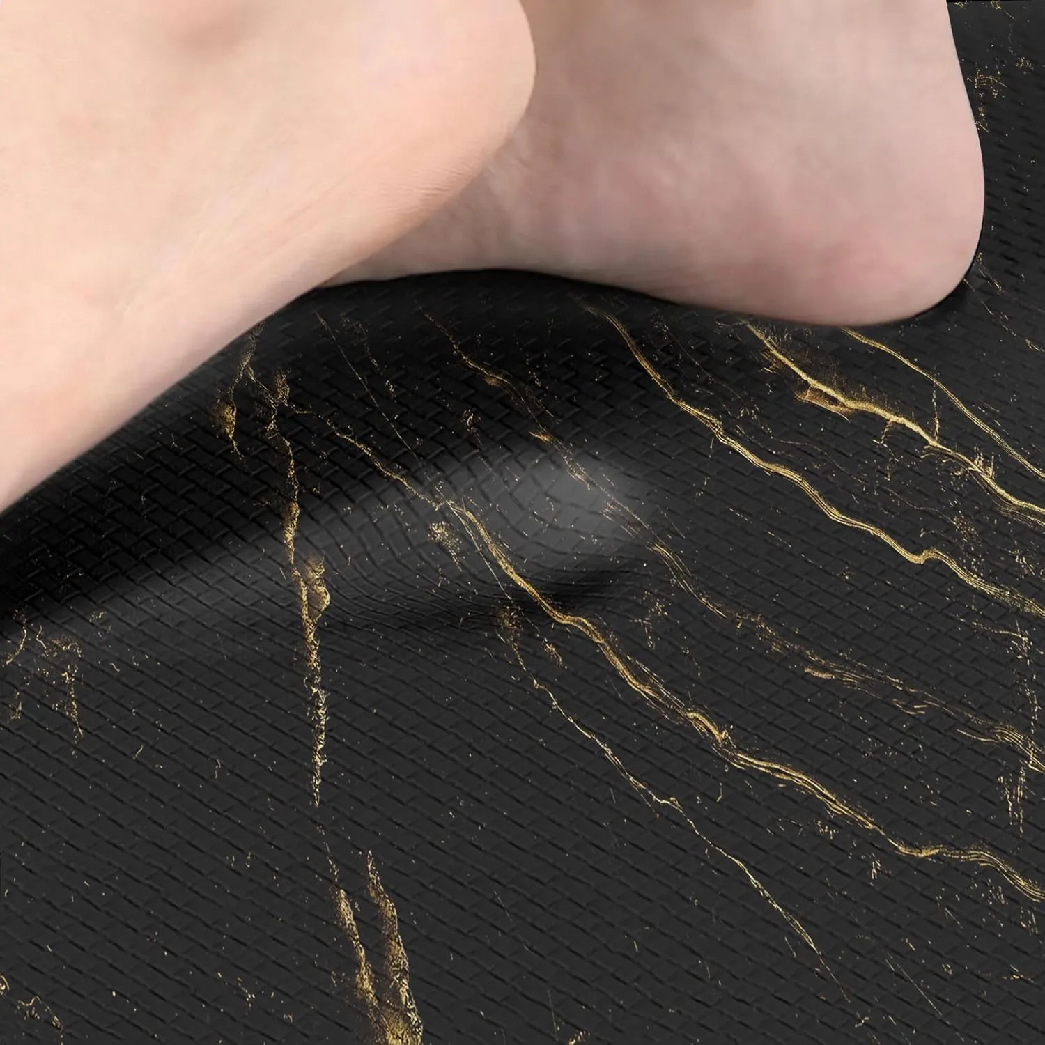 Arttown Marble Anti-Fatigue Kitchen Rug Set of 2 Black Gold Abstract Modern Cushioned Floor Mat, Standing Waterproof Non-Slip Kitchen Mat and PVC Ergonomic Comfort Foam Rug