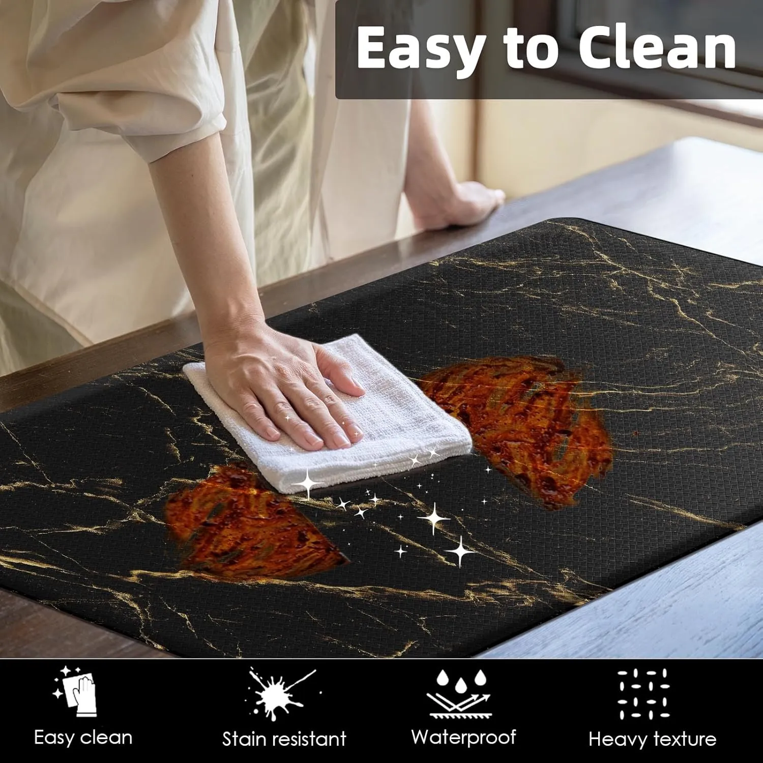 Arttown Marble Anti-Fatigue Kitchen Rug Set of 2 Black Gold Abstract Modern Cushioned Floor Mat, Standing Waterproof Non-Slip Kitchen Mat and PVC Ergonomic Comfort Foam Rug