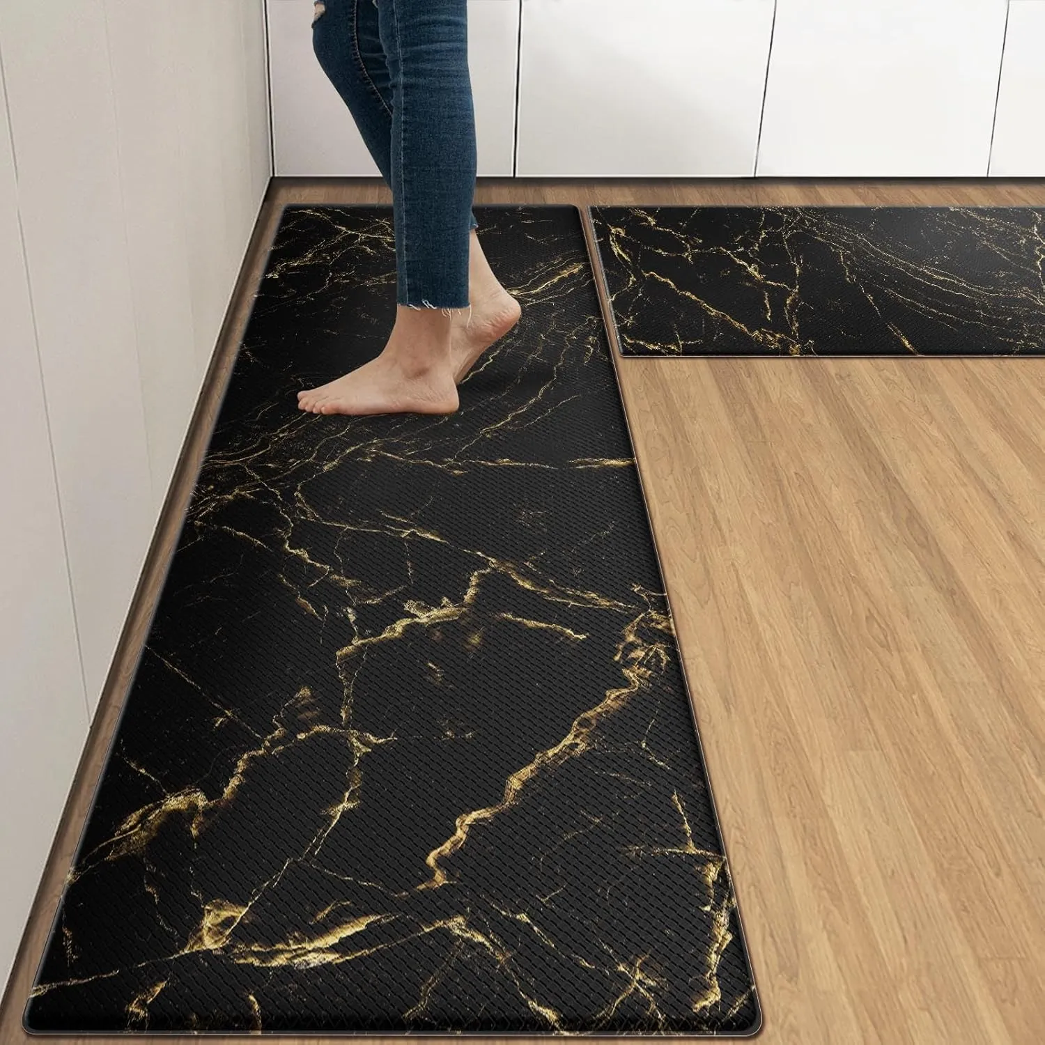 Arttown Marble Anti-Fatigue Kitchen Rug Set of 2 Black Gold Abstract Modern Cushioned Floor Mat, Standing Waterproof Non-Slip Kitchen Mat and PVC Ergonomic Comfort Foam Rug