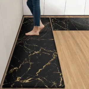 Arttown Marble Anti-Fatigue Kitchen Rug Set of 2 Black Gold Abstract Modern Cushioned Floor Mat, Standing Waterproof Non-Slip Kitchen Mat and PVC Ergonomic Comfort Foam Rug