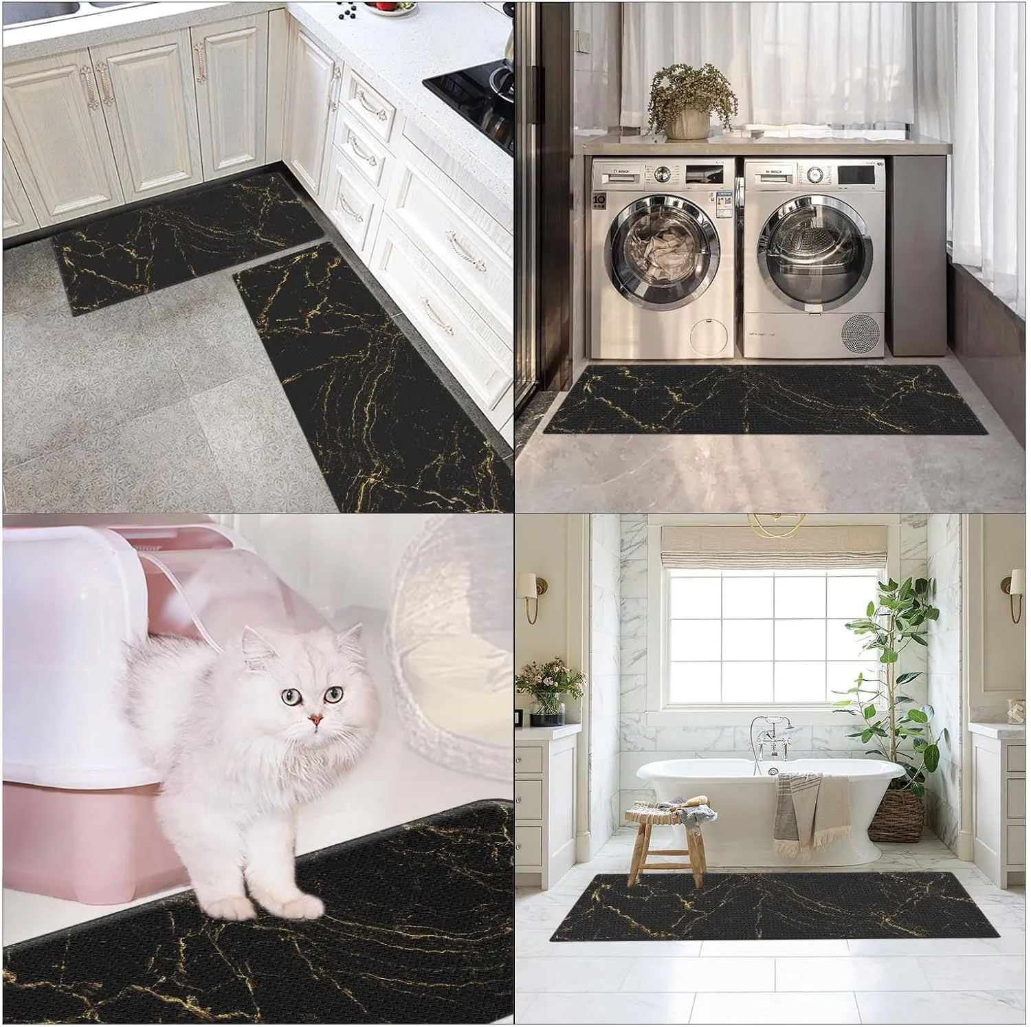 Arttown Marble Anti-Fatigue Kitchen Rug Set of 2 Black Gold Abstract Modern Cushioned Floor Mat, Standing Waterproof Non-Slip Kitchen Mat and PVC Ergonomic Comfort Foam Rug