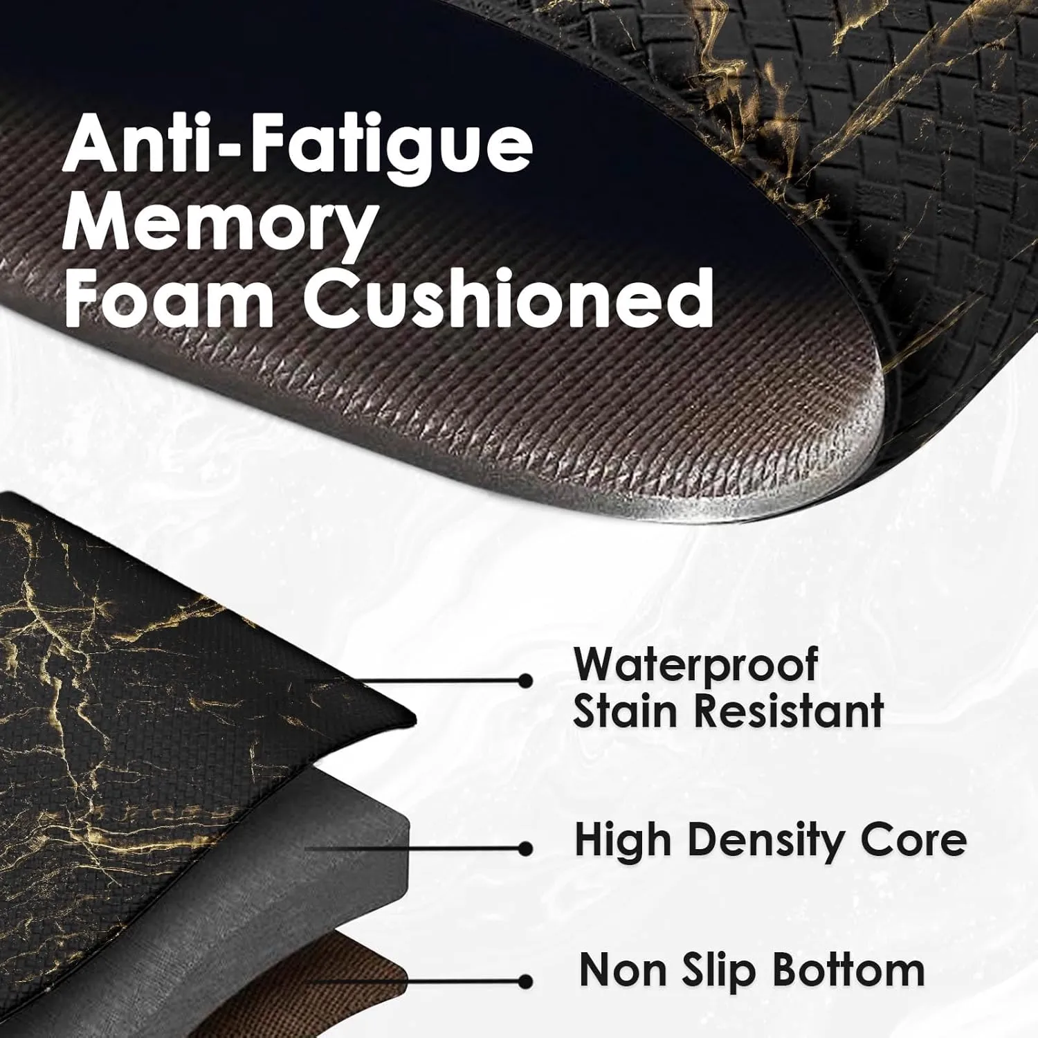 Arttown Marble Anti-Fatigue Kitchen Rug Set of 2 Black Gold Abstract Modern Cushioned Floor Mat, Standing Waterproof Non-Slip Kitchen Mat and PVC Ergonomic Comfort Foam Rug