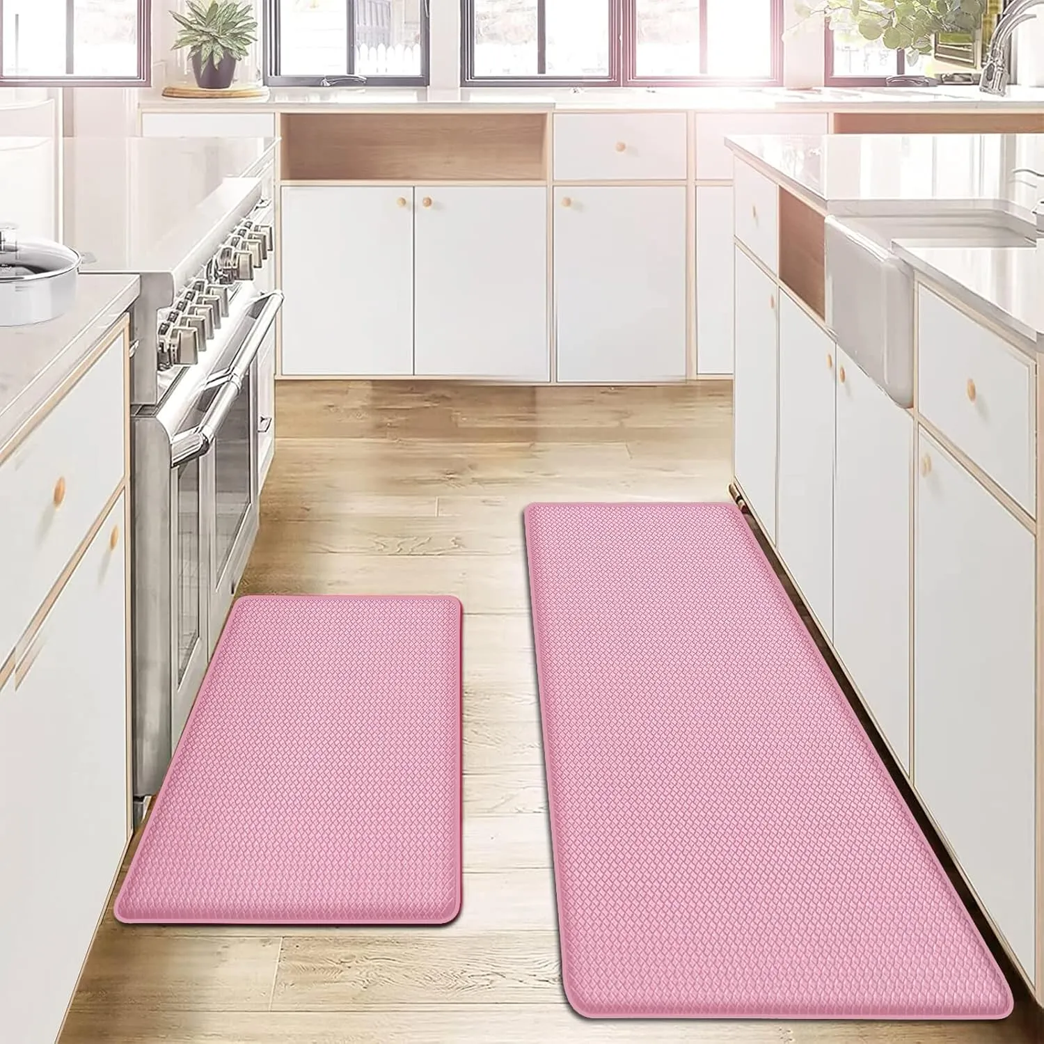 AUTODECO Kitchen Mats and Rugs Set of 2 - Cushioned Anti-Fatigue Kitchen Rug for Floor Washable 17"x29"  17"x59", PinkRed