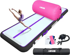 AWSUM 10ft Tumble Mat with Air Roller Barrel Tumbling Mat Inflatable Air Gymnastics Mat for Home/Gym/Outdoor, with Electric Pump