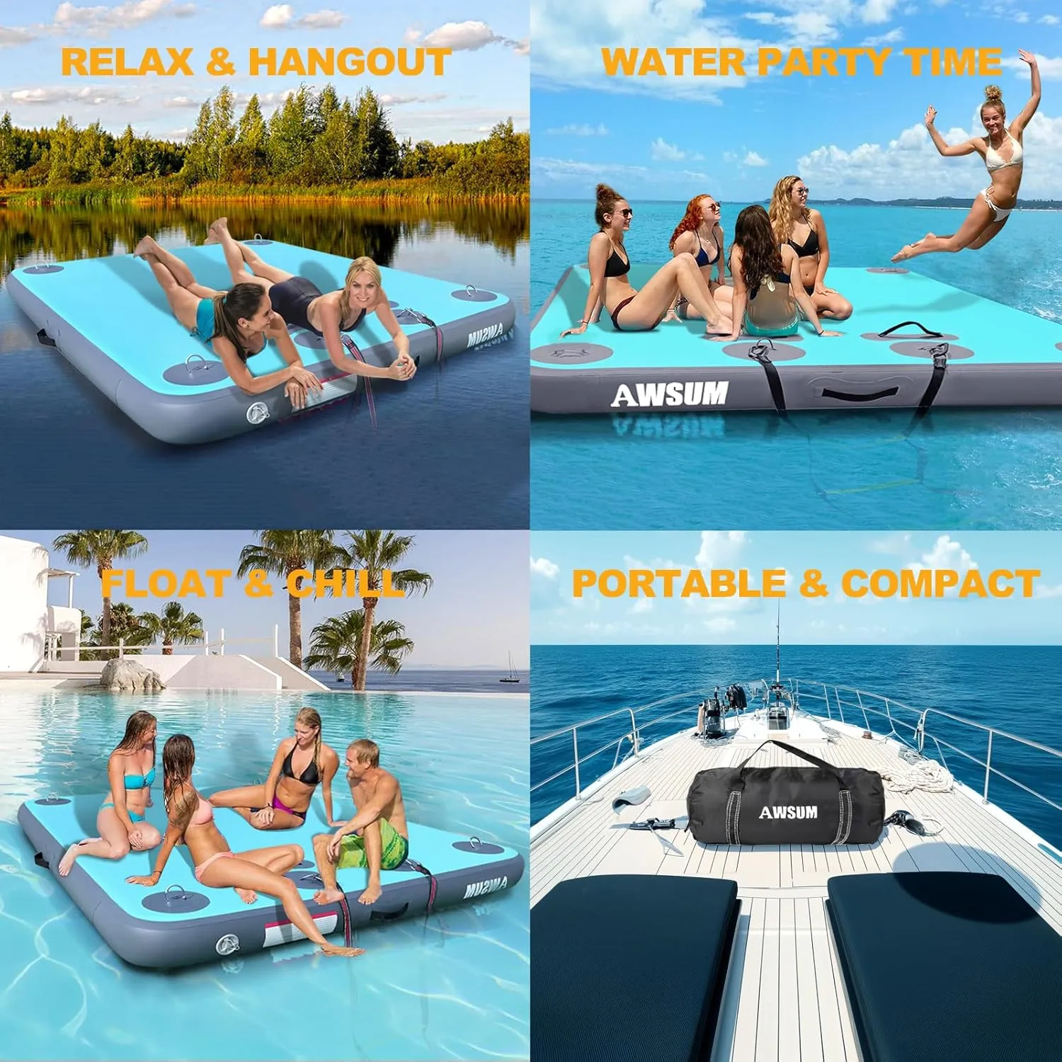 AWSUM Inflatable Floating Dock Air Dock Platform, 6ft/8ft Non-Slip Inflatable Water Mat Floating Island Raft for Lake Pool Beach Ocean