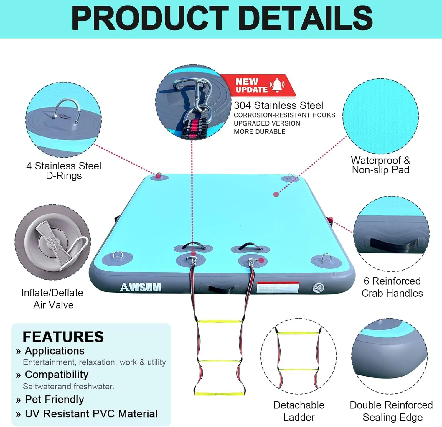 AWSUM Inflatable Floating Dock Air Dock Platform, 6ft/8ft Non-Slip Inflatable Water Mat Floating Island Raft for Lake Pool Beach Ocean