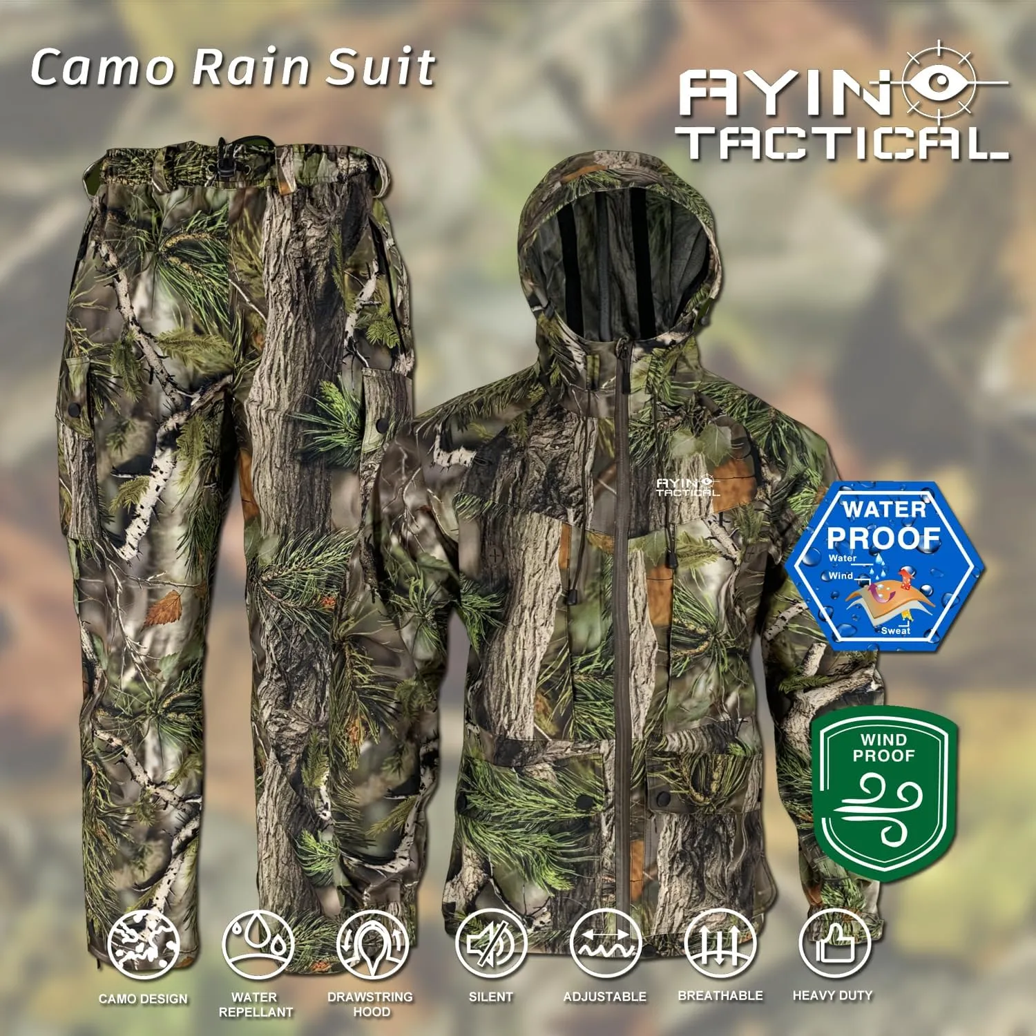 AYIN Hunting Camo Rain Suit, Breathable Waterproof Camouflage Rain Hooded Jacket and Pants with Wateproof Zippers