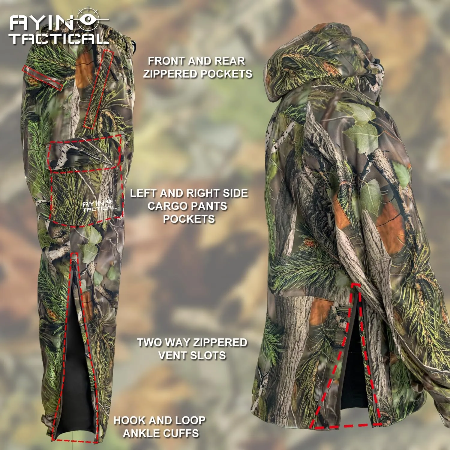 AYIN Hunting Camo Rain Suit, Breathable Waterproof Camouflage Rain Hooded Jacket and Pants with Wateproof Zippers