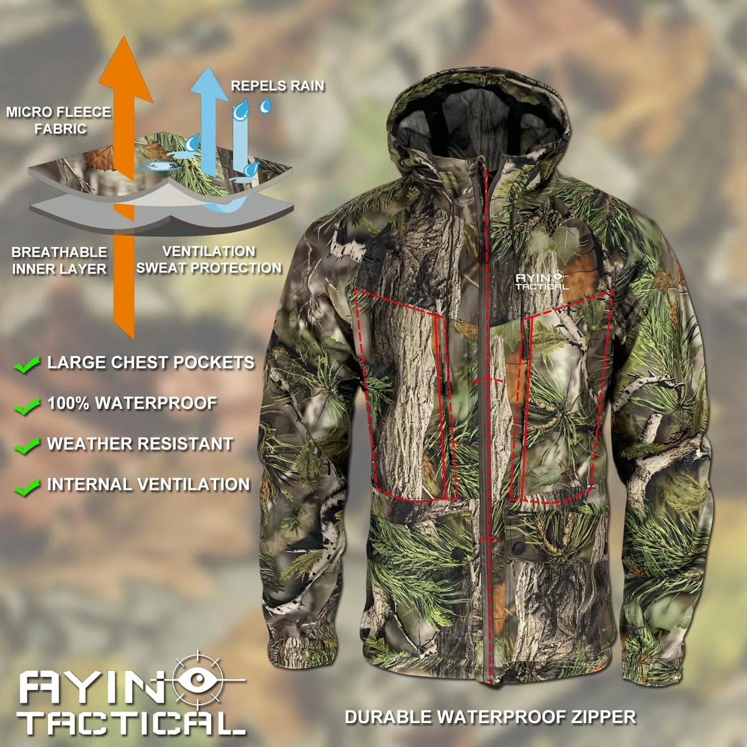 AYIN Hunting Camo Rain Suit, Breathable Waterproof Camouflage Rain Hooded Jacket and Pants with Wateproof Zippers