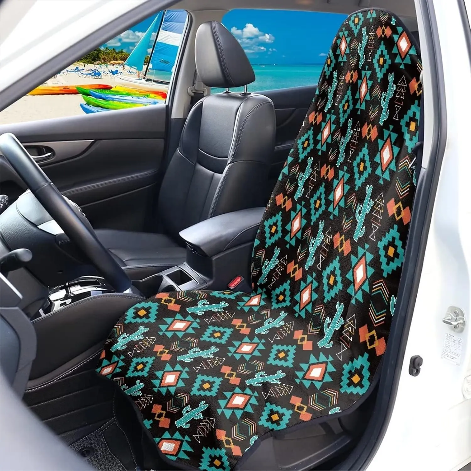 Aztec Cactus Seat Hoody - Waterproof Sweat Proof Car Seat Cover Protector. Universal Fit, Machine Washable, Grippy Backing, Car Seat Cover for Swimming, Surfing, Working Out, The Beach, Dogs