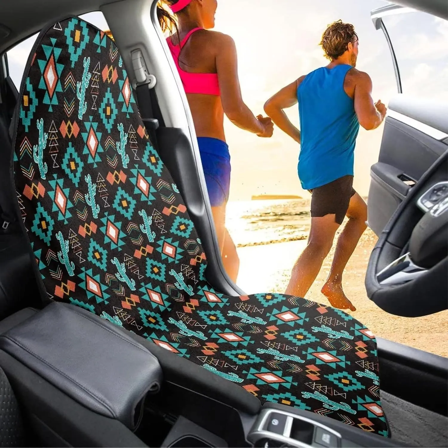 Aztec Cactus Seat Hoody - Waterproof Sweat Proof Car Seat Cover Protector. Universal Fit, Machine Washable, Grippy Backing, Car Seat Cover for Swimming, Surfing, Working Out, The Beach, Dogs