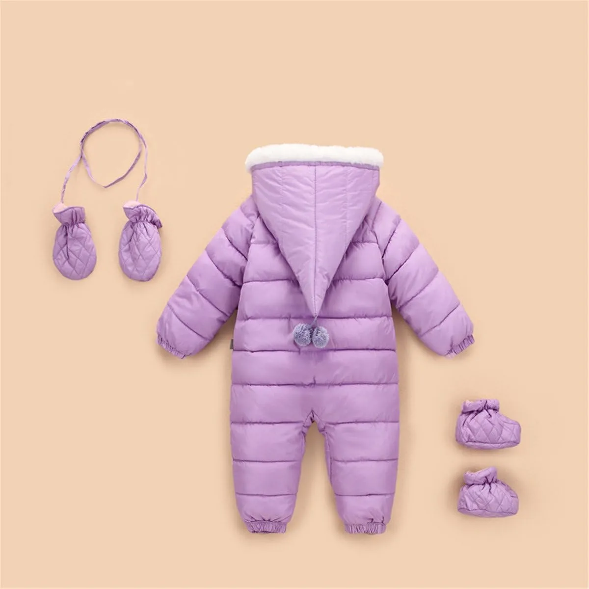 Baby Girls Boys One Piece Two Zipper Cartoon Down Jacket Jumpsuit Romper with Gloves and Shoes