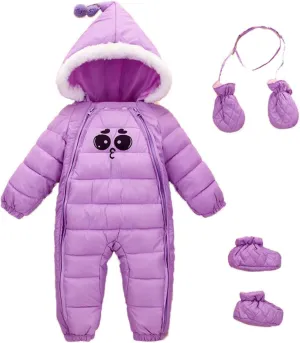 Baby Girls Boys One Piece Two Zipper Cartoon Down Jacket Jumpsuit Romper with Gloves and Shoes