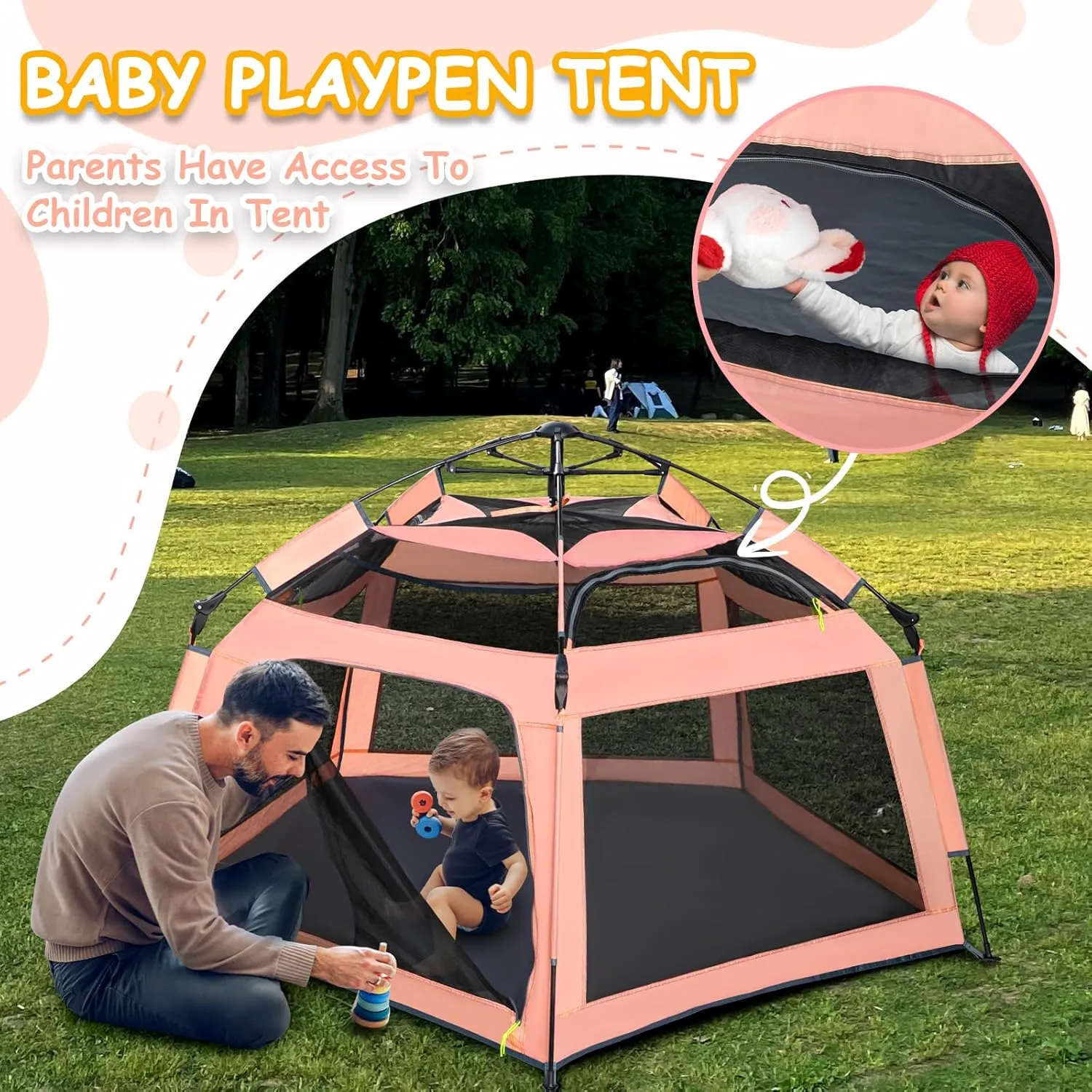 Baby Playpen Pop-up Tent - Outdoor & Indoor Play Tent for Beach with Canopy Travel Bag Portable Play Yard for Babies & Toddlers (Orange-Pink)