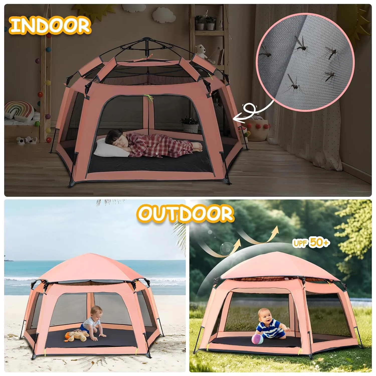 Baby Playpen Pop-up Tent - Outdoor & Indoor Play Tent for Beach with Canopy Travel Bag Portable Play Yard for Babies & Toddlers (Orange-Pink)