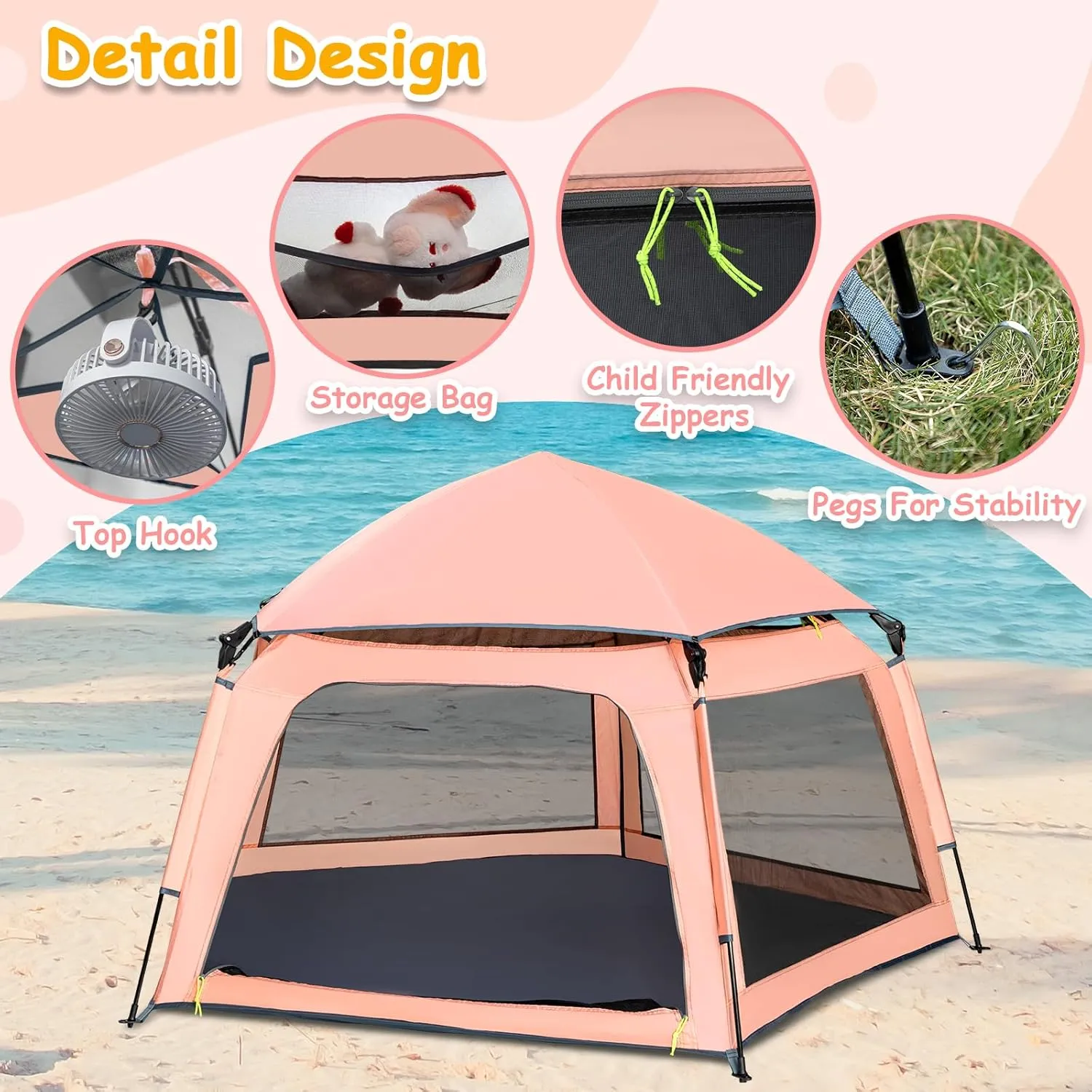 Baby Playpen Pop-up Tent - Outdoor & Indoor Play Tent for Beach with Canopy Travel Bag Portable Play Yard for Babies & Toddlers (Orange-Pink)