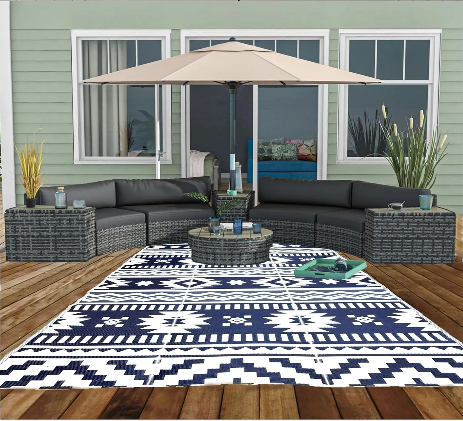 BalajeesUSA Outdoor Rugs 9x12 ft Large Plastic Patio Grey Dark Blue Affordable Multipurpose Woven Plastic Straw All-Weather Waterproof Reversible Camper mat Backyard Picnic Sports Camps Tent 7575