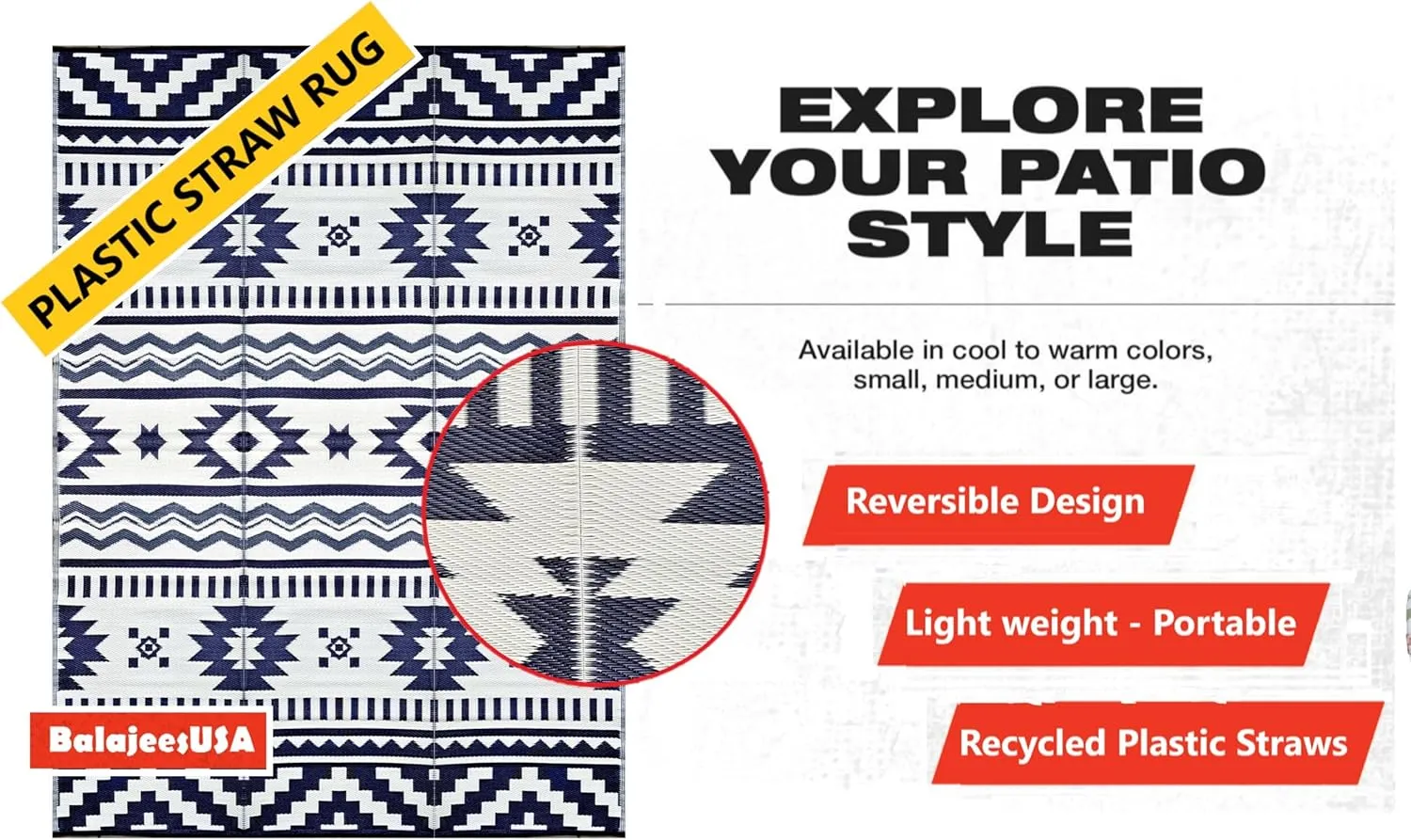 BalajeesUSA Outdoor Rugs 9x12 ft Large Plastic Patio Grey Dark Blue Affordable Multipurpose Woven Plastic Straw All-Weather Waterproof Reversible Camper mat Backyard Picnic Sports Camps Tent 7575