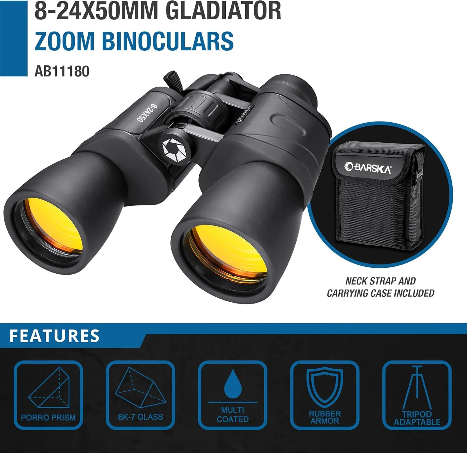 BARSKA Gladiator 8-24X50 Zoom Binoculars (Ruby Lens) Black