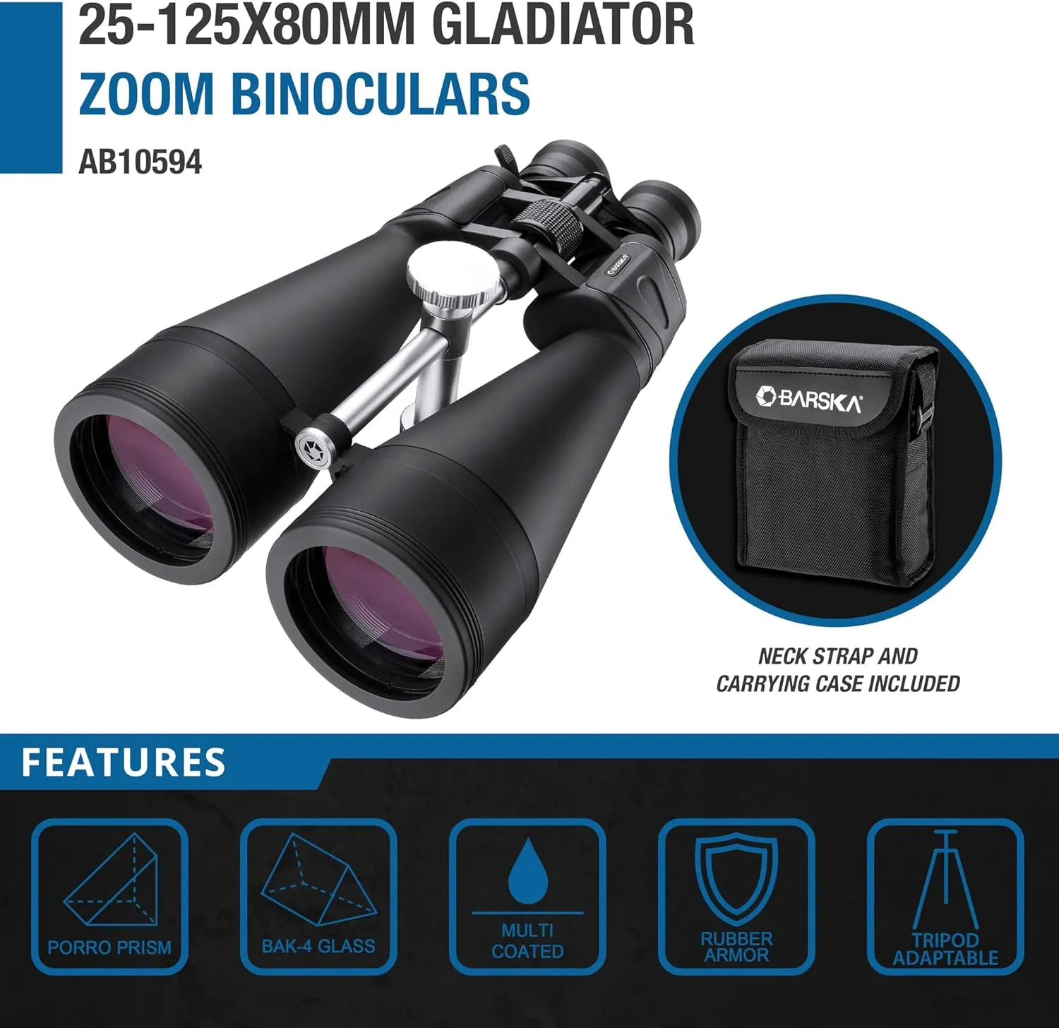 Barska Gladiator Zoom Binoculars with Tripod Adaptor for Astronomy, Birding, Sports, Long Range Viewing, etc