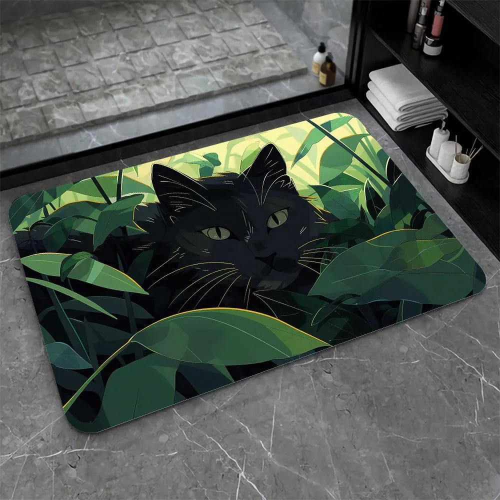 Bath Mat-Bathroom Rug，Black cat Hiding in Jungle-Absorbent Non Slip Quick Dry Stain Resistant Easy to Clean Care Shower Rug for Bathtub Shower Room 16×24Inch (40 * 60cm)
