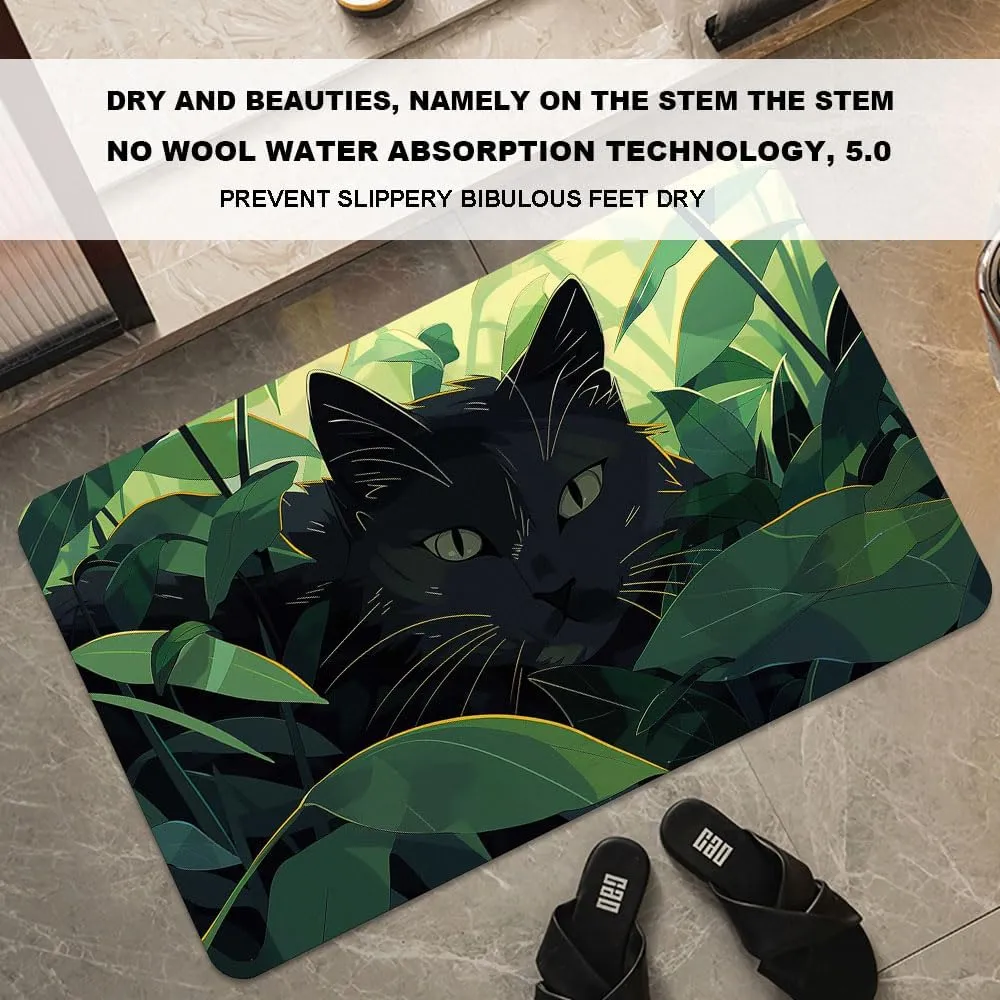 Bath Mat-Bathroom Rug，Black cat Hiding in Jungle-Absorbent Non Slip Quick Dry Stain Resistant Easy to Clean Care Shower Rug for Bathtub Shower Room 16×24Inch (40 * 60cm)