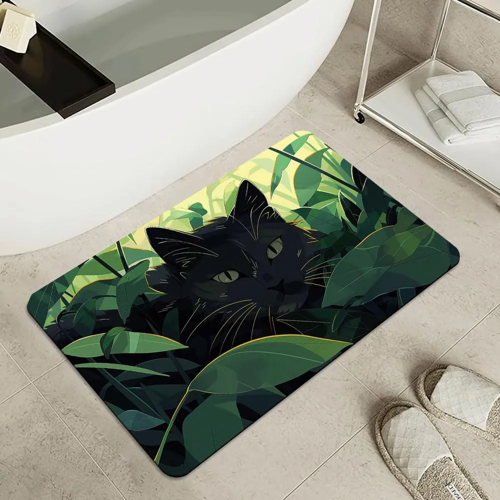 Bath Mat-Bathroom Rug，Black cat Hiding in Jungle-Absorbent Non Slip Quick Dry Stain Resistant Easy to Clean Care Shower Rug for Bathtub Shower Room 16×24Inch (40 * 60cm)