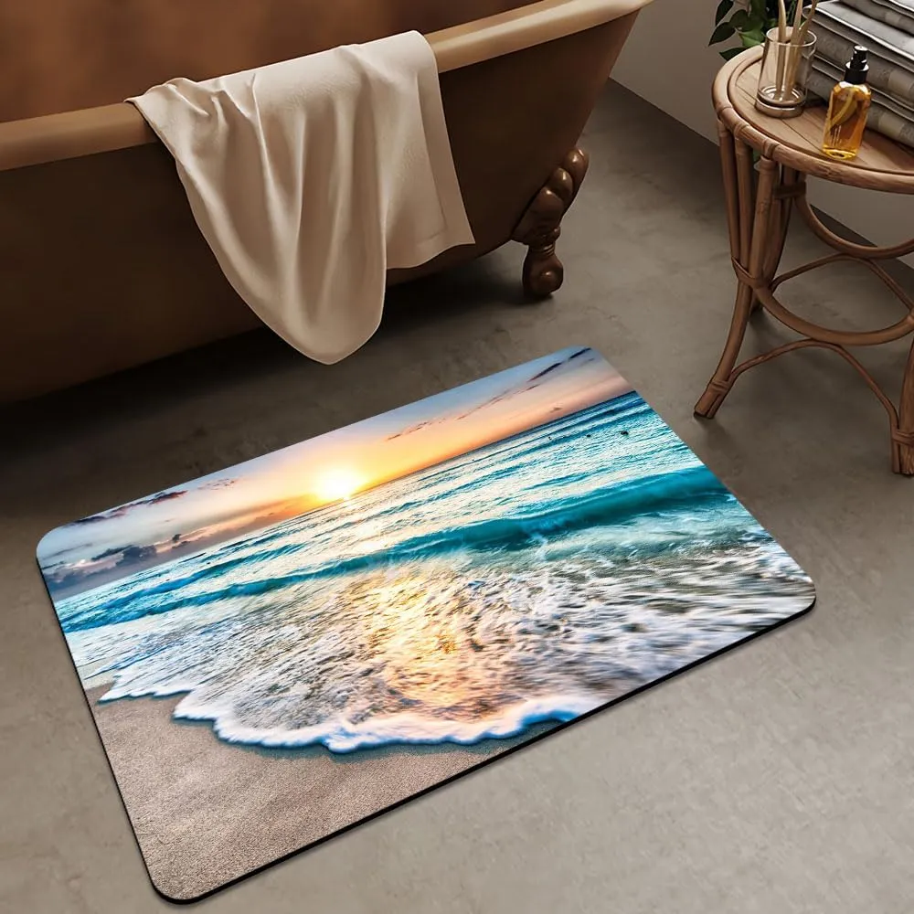 Bath Mat Rug,Sunset on Island Beach Non Slip Quick Dry Super Absorbent Thin Bathroom Rugs Fit Under Door-Easy to Clean Bathroom Floor Mats-Shower Rug for Shower Sink Bathtub(17" x 27.5"in)