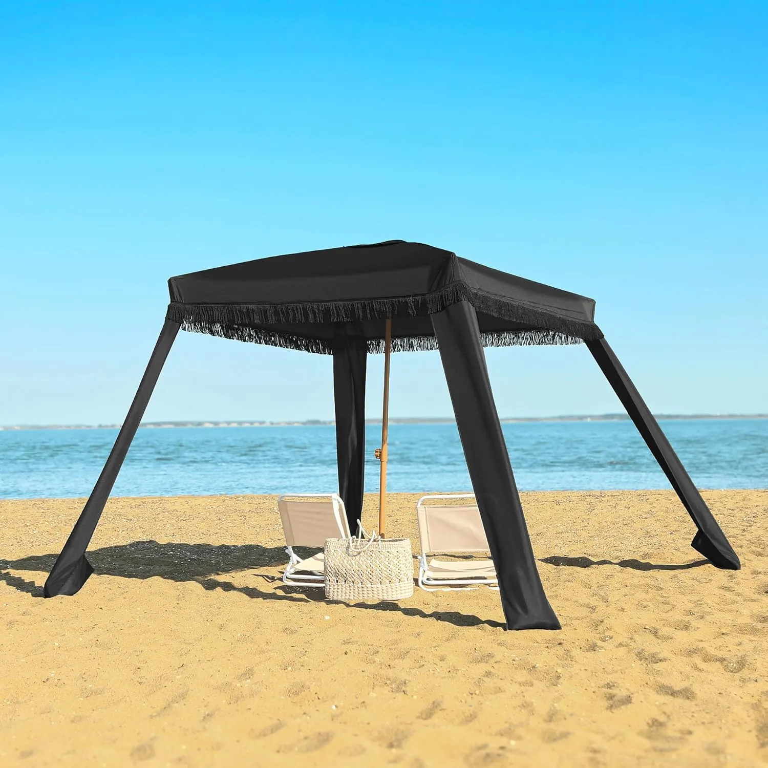 Beach Cabana with Fringe - 6x6 Ft. Boho Beach Canopy Umbrella Tent, Portable Umbrellas for Sand with Carry Bag & Sandbag Pockets, Instant Sun Shade Canopy Tent for Beaches & Backyards