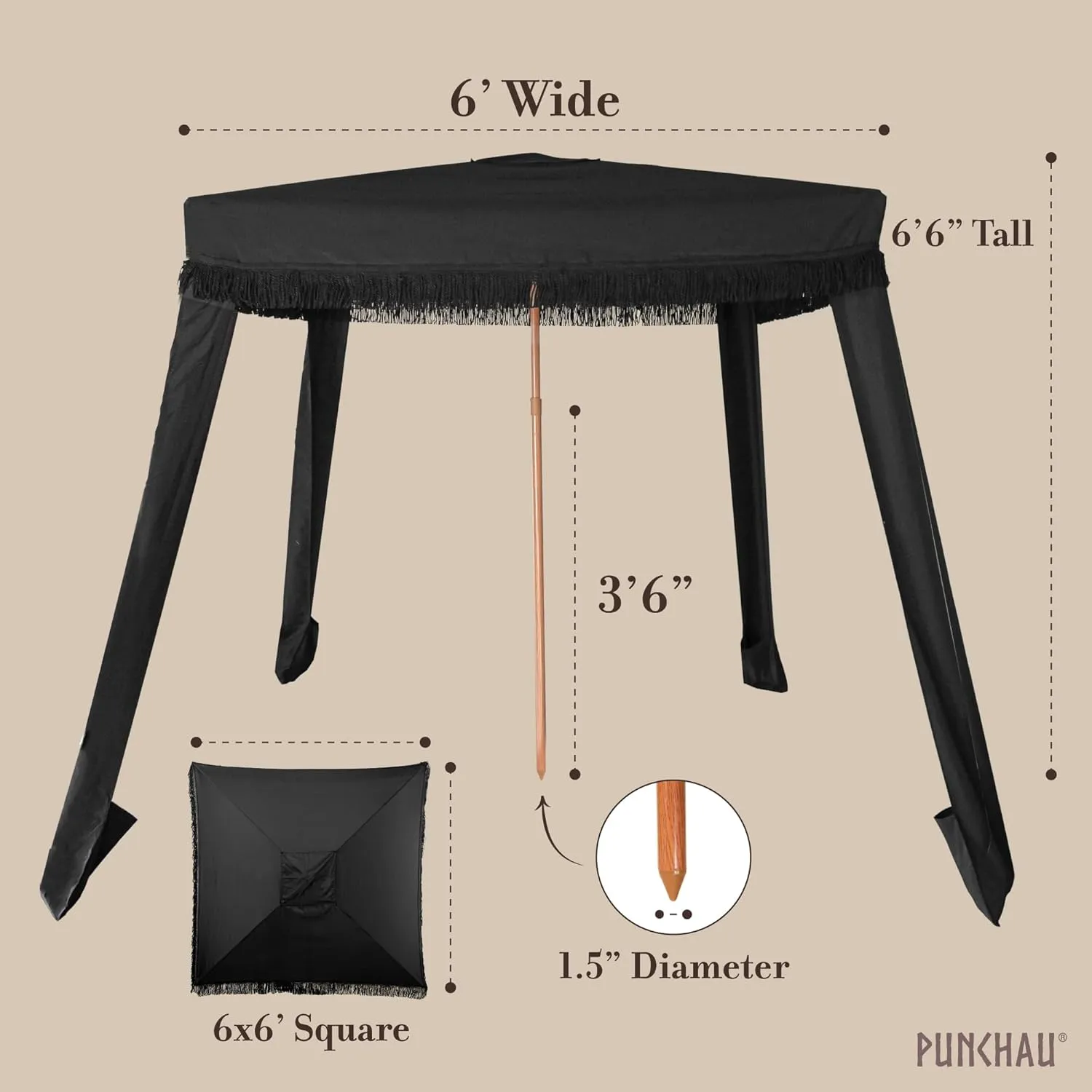 Beach Cabana with Fringe - 6x6 Ft. Boho Beach Canopy Umbrella Tent, Portable Umbrellas for Sand with Carry Bag & Sandbag Pockets, Instant Sun Shade Canopy Tent for Beaches & Backyards