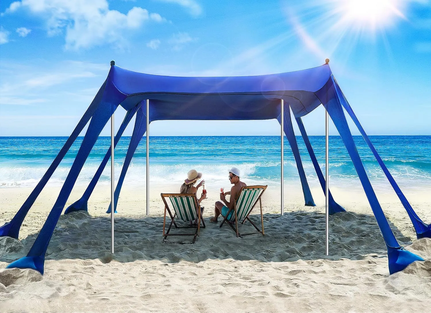 Beach Tent, Beach Canopy Sun Shade with UPF50  UV Protection, 10x10ft, Includes 8 Sandbags, Sand Shovel, Ground Pegs & 4 Stability Poles, Pop Up Sun Shelter for Camping, Picnics, Backyard Fun