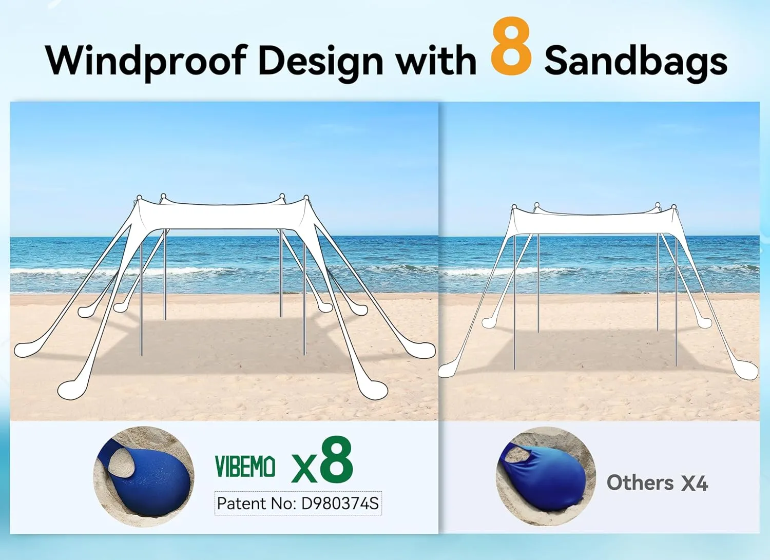 Beach Tent, Beach Canopy Sun Shade with UPF50  UV Protection, 10x10ft, Includes 8 Sandbags, Sand Shovel, Ground Pegs & 4 Stability Poles, Pop Up Sun Shelter for Camping, Picnics, Backyard Fun