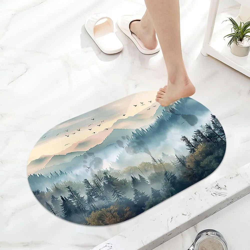 Beautiful Misty Forest Super Absorbent Quick-Drying Bathroom Mat Rug, Rubber Non-Slip Bottoms, Easy to Clean,Ultra Thin Bathroom Rugs Fit Under Door and Bathtub(16×24Inch)