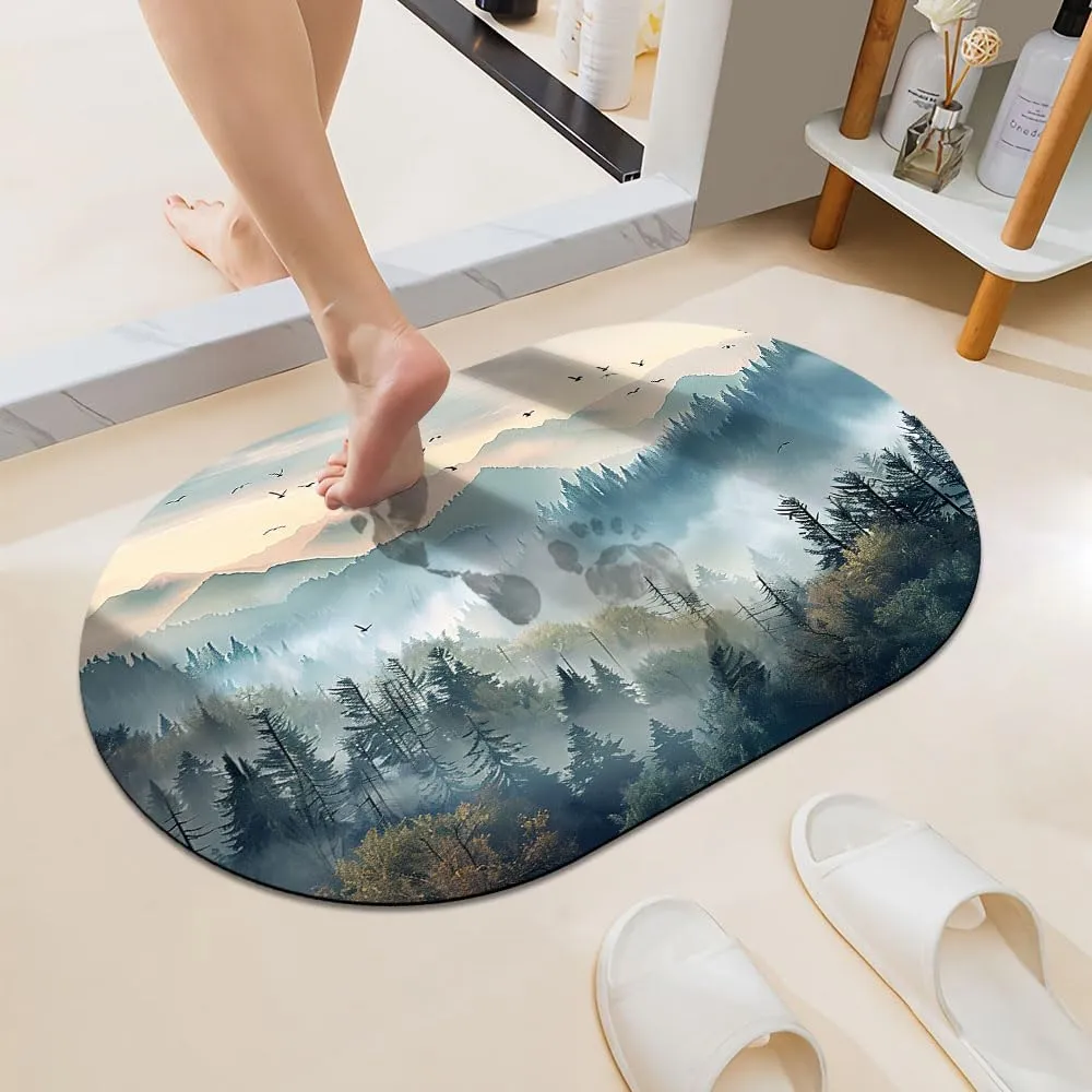 Beautiful Misty Forest Super Absorbent Quick-Drying Bathroom Mat Rug, Rubber Non-Slip Bottoms, Easy to Clean,Ultra Thin Bathroom Rugs Fit Under Door and Bathtub(16×24Inch)