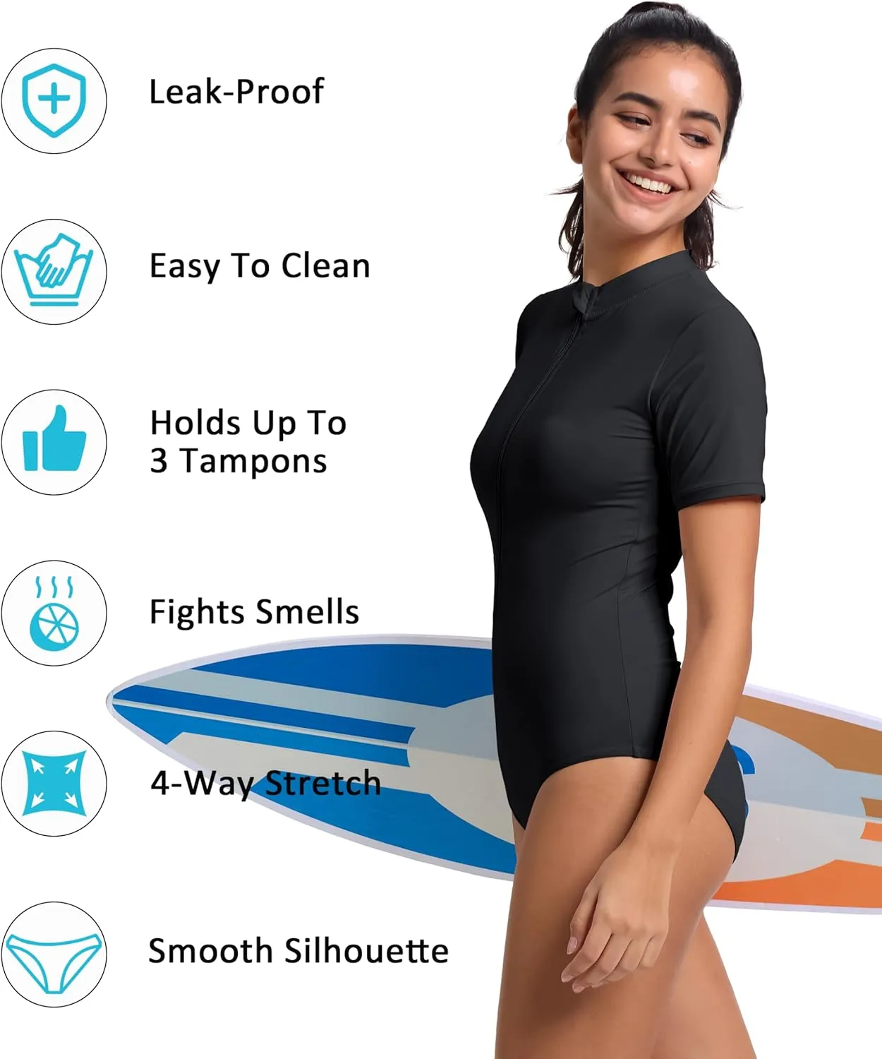 Beautikini Period Swimwear One Piece for Teens Short Sleeve Swimsuits Women UPF50  Menstrual Leakproof Bathing Suit