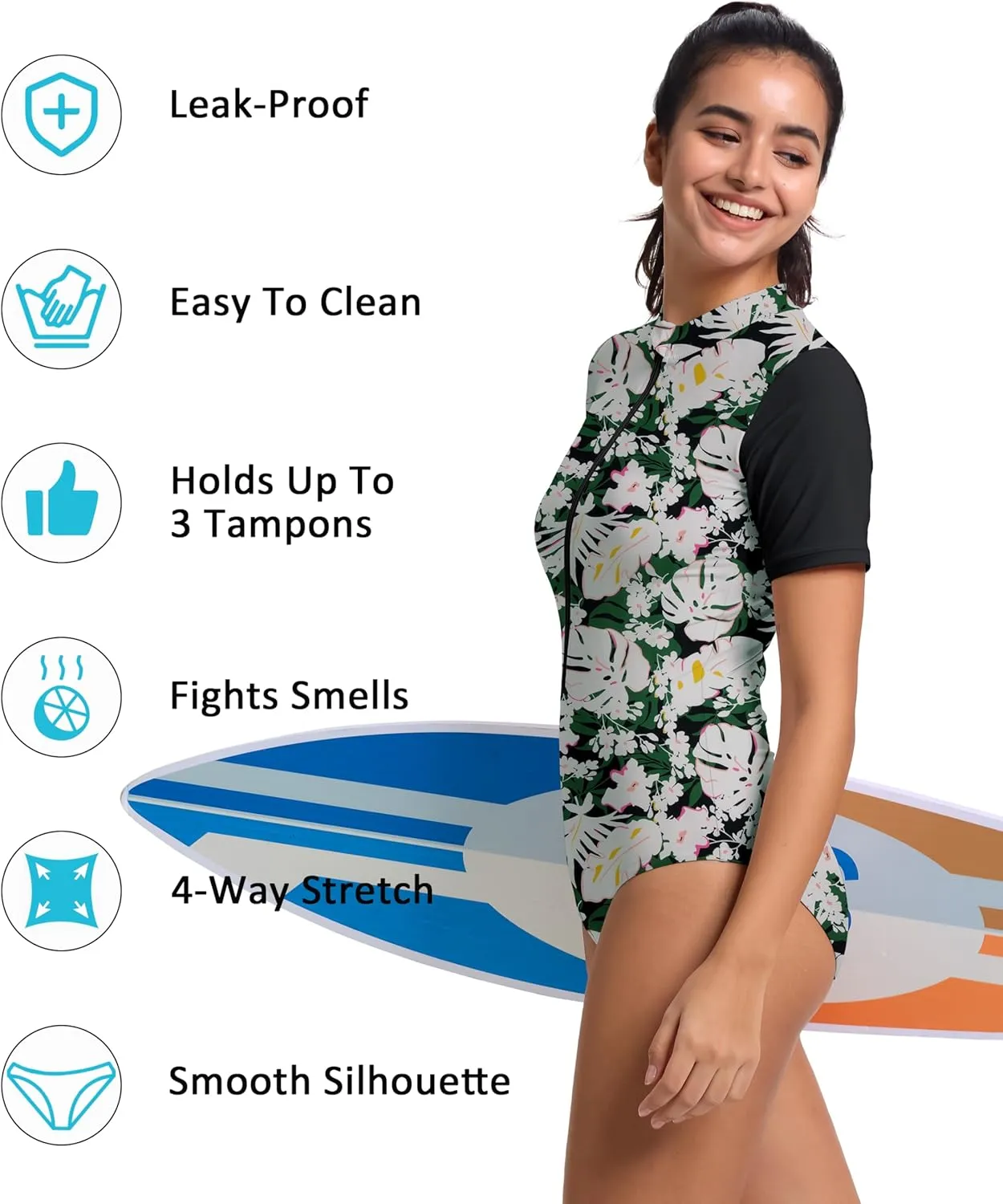 Beautikini Period Swimwear One Piece for Teens Short Sleeve Swimsuits Women UPF50  Menstrual Leakproof Bathing Suit