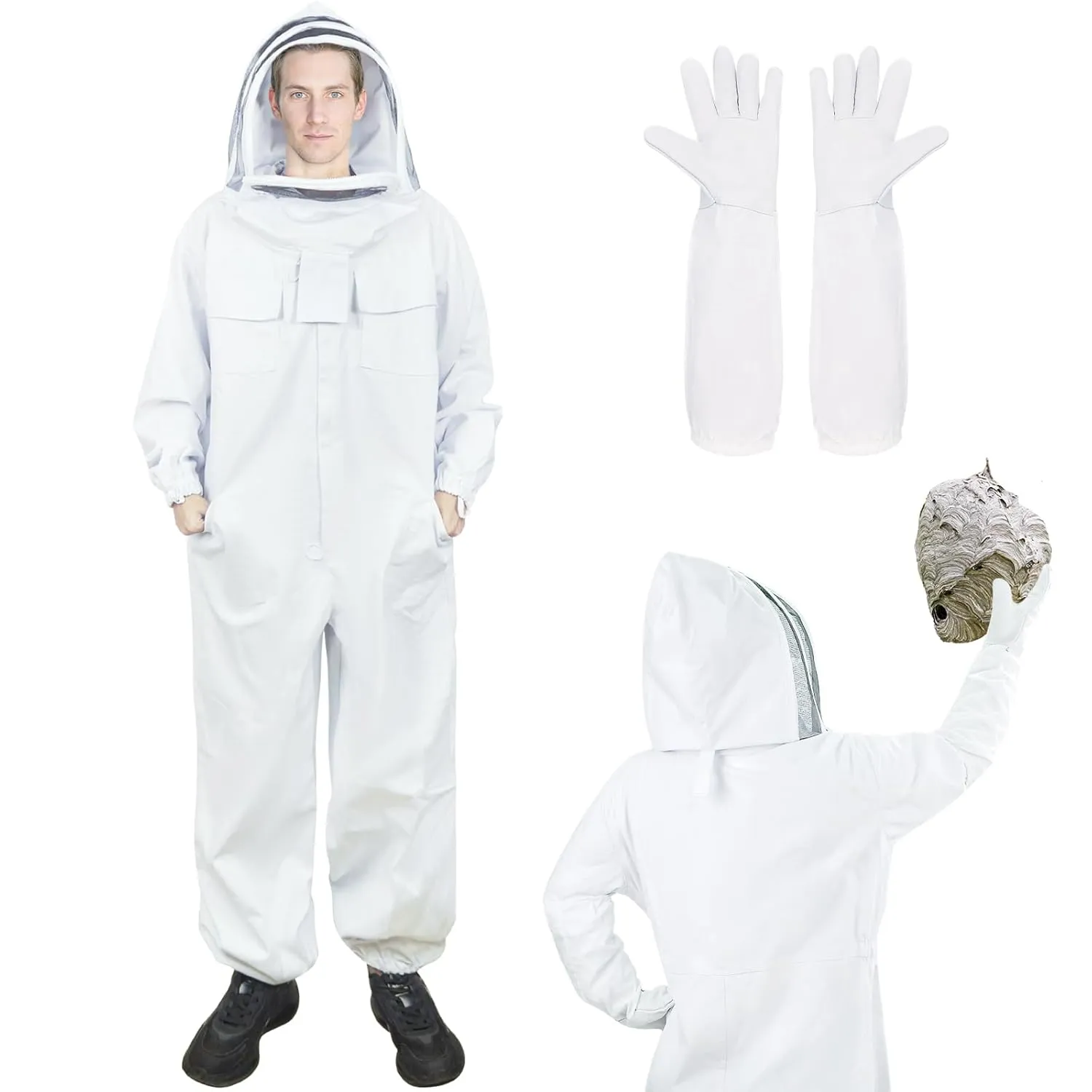 Bee Suit Sting Proof for Men Women, Fully Body Bee Keeper Suits with Gloves & Veil Hood for Beekeeping Protection (XL)