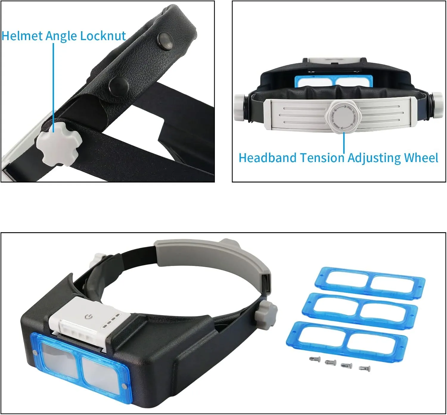 Beileshi Rechargeable Head-Mounted Magnifier with LED Light, Headband Double Lens Illuminated Reading Magnifier Loupe Jewelry Visor Opitcal Glass Binocular Magnifier with Lens -1.5X 2X 2.5X 3.5X
