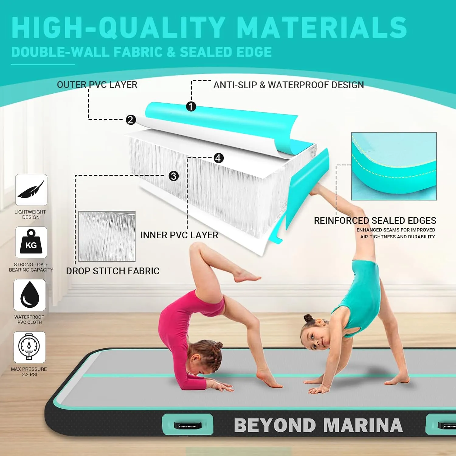 BEYOND MARINA Air Gymnastics Tumble Track 4/8 inches Thickness Inflatable Tumbling 10ft/13ft/16ft/20ft Air Mats for Home Use Training/Cheerleading/Yoga/Water with Electric Pump