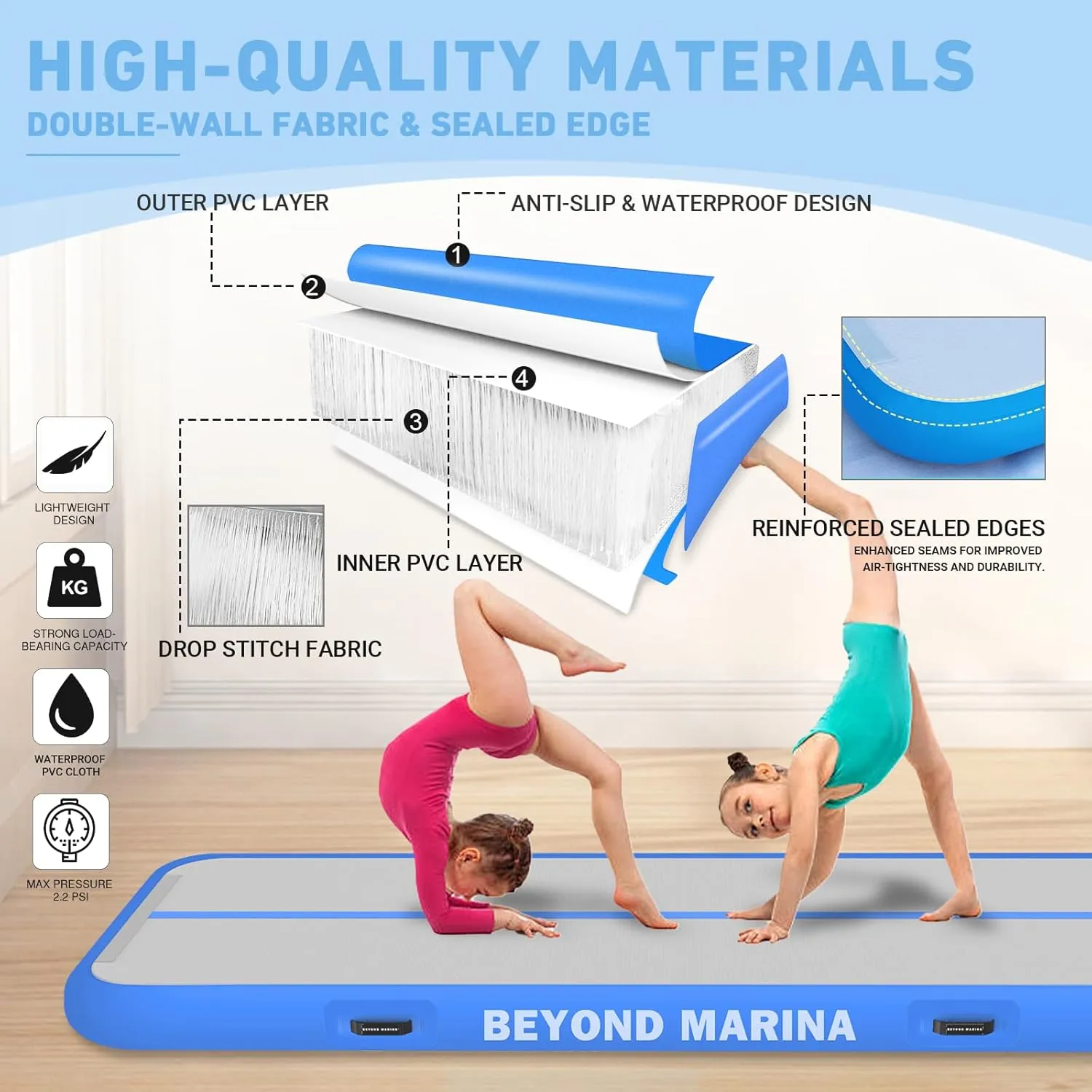 BEYOND MARINA Air Gymnastics Tumble Track 4/8 inches Thickness Inflatable Tumbling 10ft/13ft/16ft/20ft Air Mats for Home Use Training/Cheerleading/Yoga/Water with Electric Pump