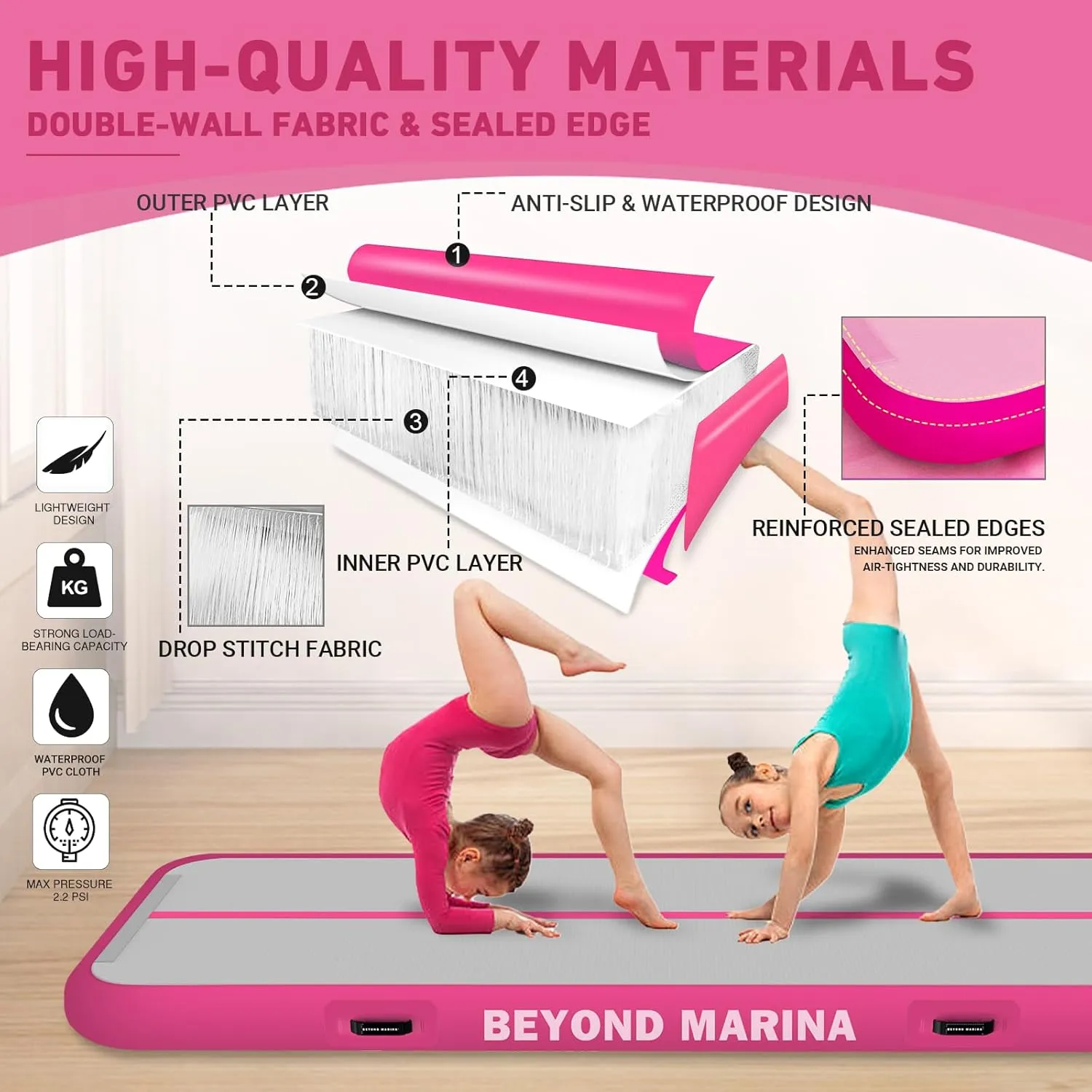 BEYOND MARINA Air Gymnastics Tumble Track 4/8 inches Thickness Inflatable Tumbling 10ft/13ft/16ft/20ft Air Mats for Home Use Training/Cheerleading/Yoga/Water with Electric Pump