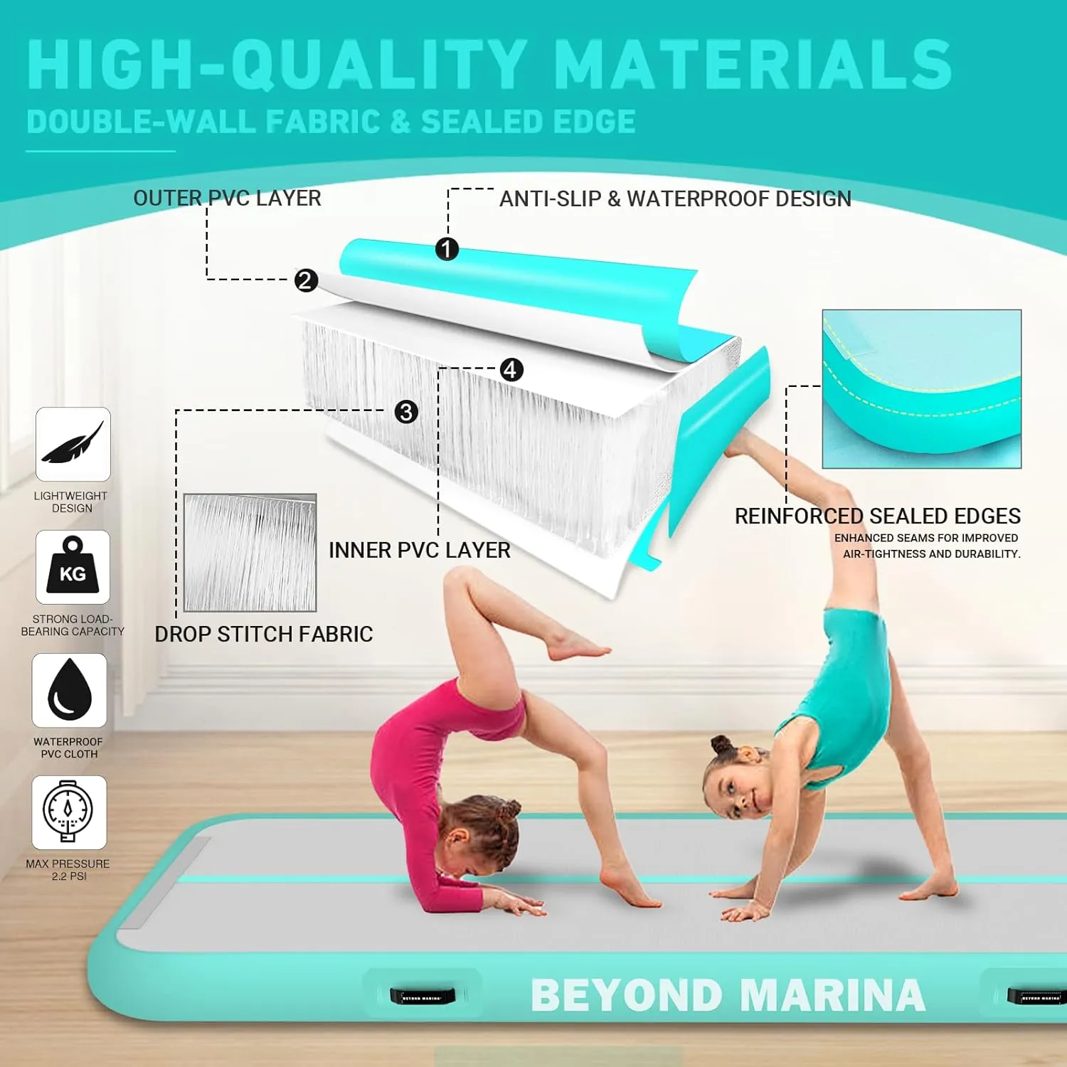 BEYOND MARINA Air Gymnastics Tumble Track 4/8 inches Thickness Inflatable Tumbling 10ft/13ft/16ft/20ft Air Mats for Home Use Training/Cheerleading/Yoga/Water with Electric Pump