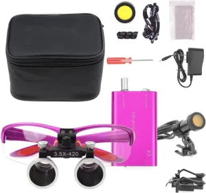 Binocular Loupes 3.5X Magnifier with 5W Headlight Yellow Filter Cloth Bage 320-420mm Working Distance Rechargeable (Purple)
