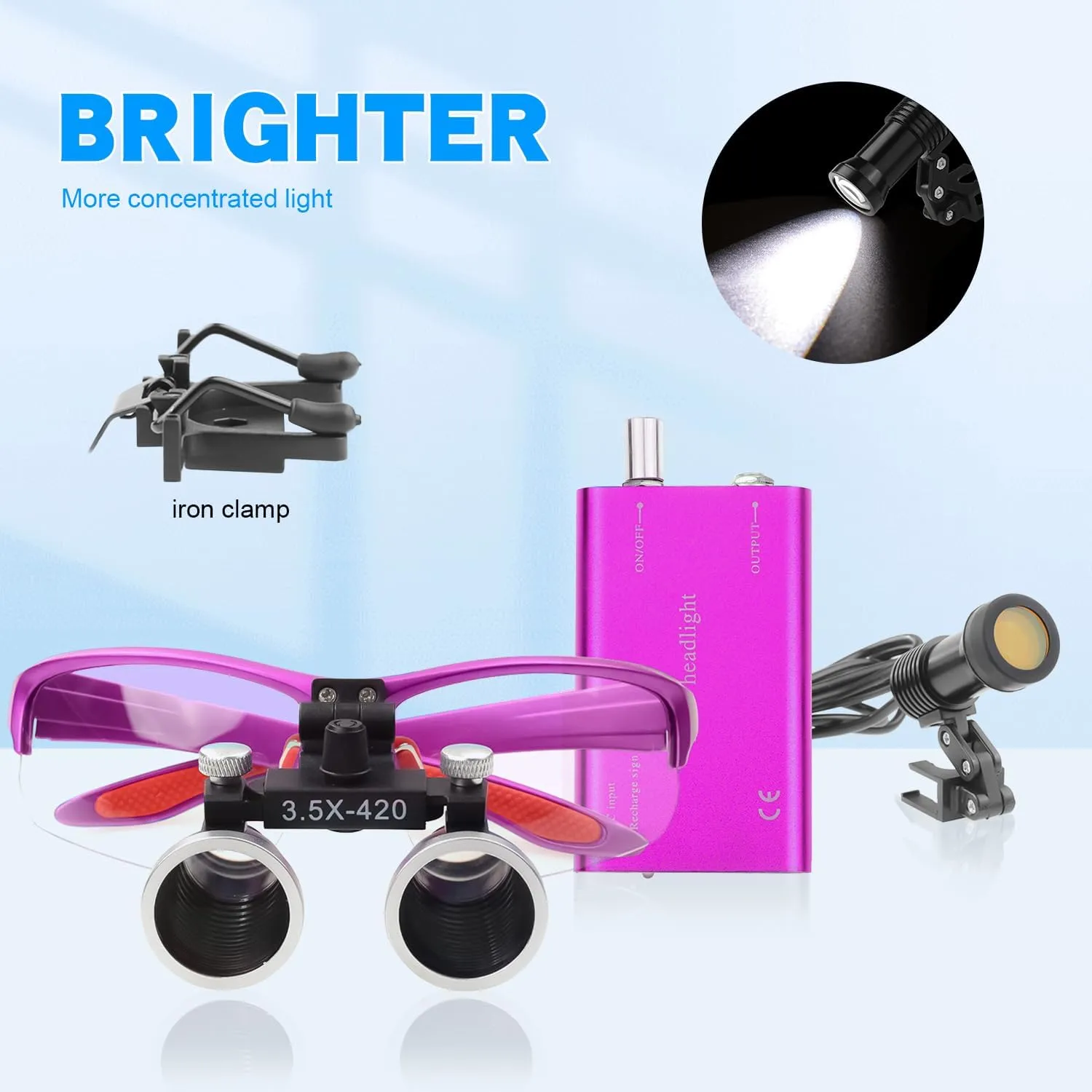 Binocular Loupes 3.5X Magnifier with 5W Headlight Yellow Filter Cloth Bage 320-420mm Working Distance Rechargeable (Purple)