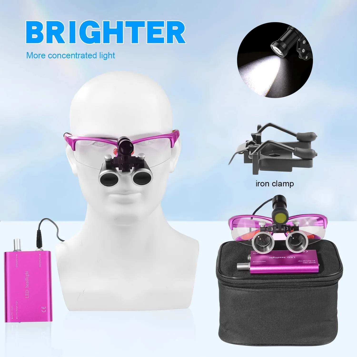 Binocular Loupes 3.5X Magnifier with 5W Headlight Yellow Filter Cloth Bage 320-420mm Working Distance Rechargeable (Purple)