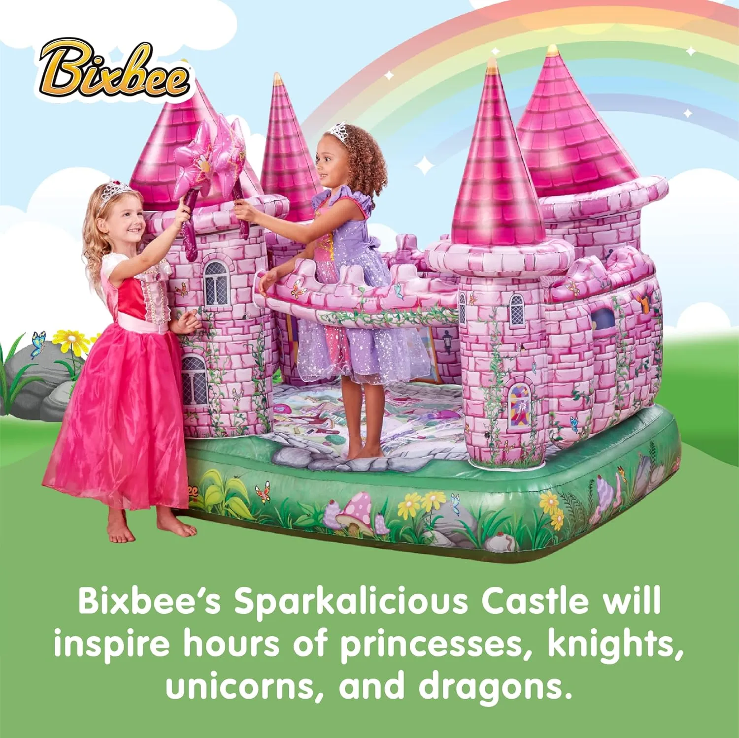 Bixbee Inflatable Pink Princess Castle, Indoor Toddler Playhouse for Kids 3 , Sleepover Mattress Playhouse for Girls & Boys with Built in Motor, Inflates to Over 5ft Tall, Childrens Play House