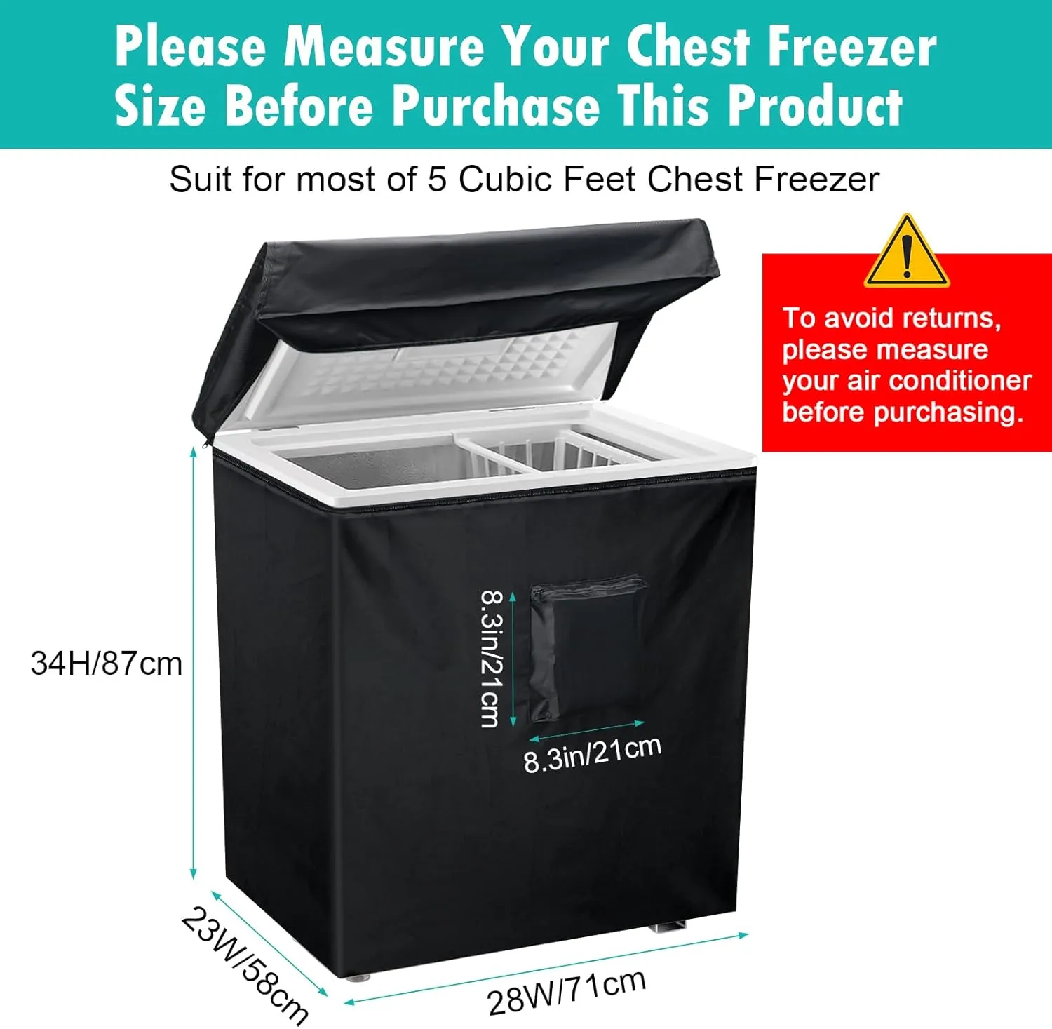 Black Chest Freezer Cover, Luxiv Waterproof Freezer Covers 28Lx23Wx34H Compact for 5 Cubic Feet Chest Freezer Cover for Open, Zipper Pocket, Strap